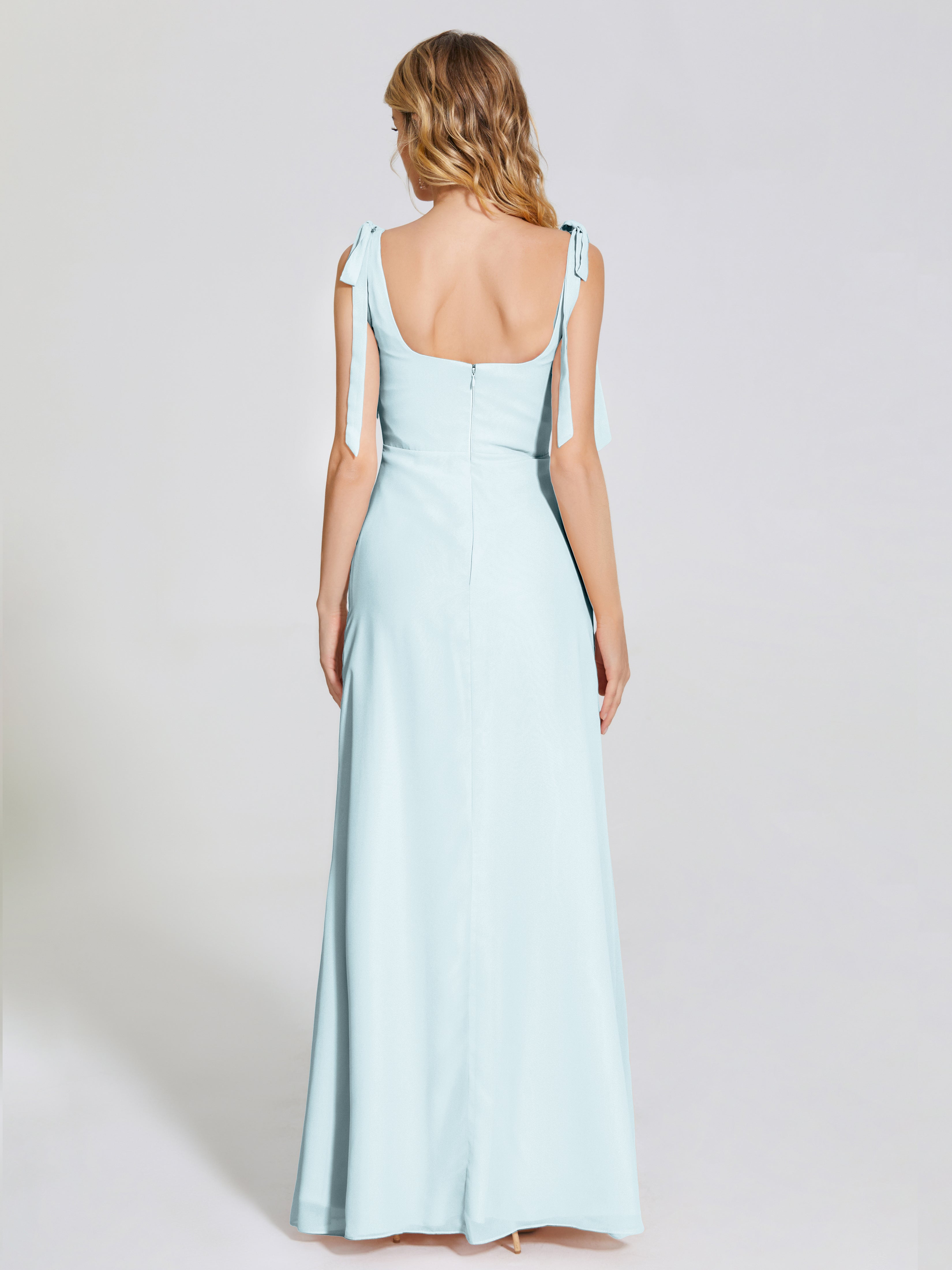 Robe De Demoiselle D'Honneur Brume Fendue Devant Encolure Carrée Mousseline Robe De Demoiselle D'Honneur