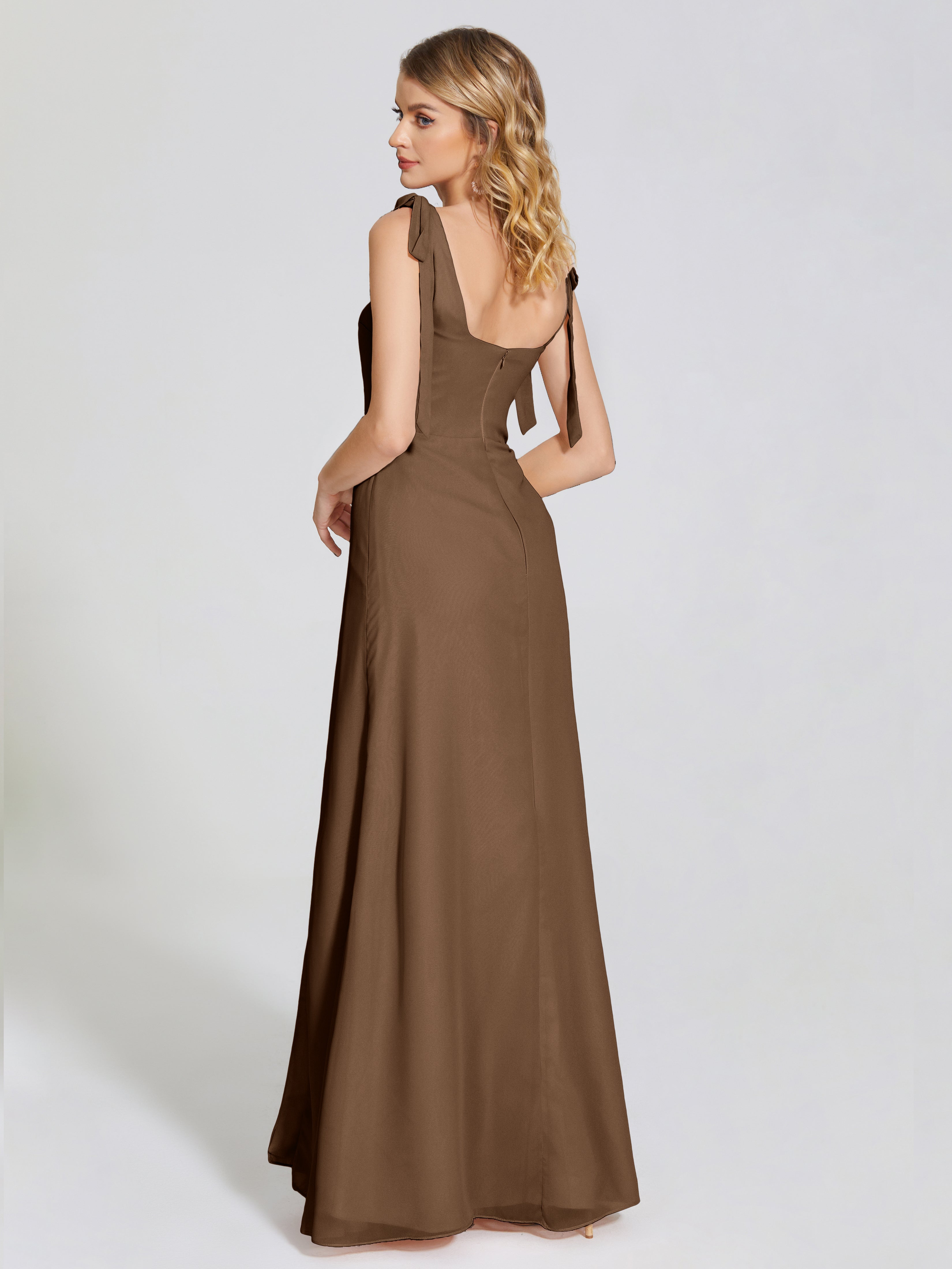 Robe Demoiselle D Honneur Brun Fendue Devant Encolure Carrée Mousseline Robe De Demoiselle D'Honneur