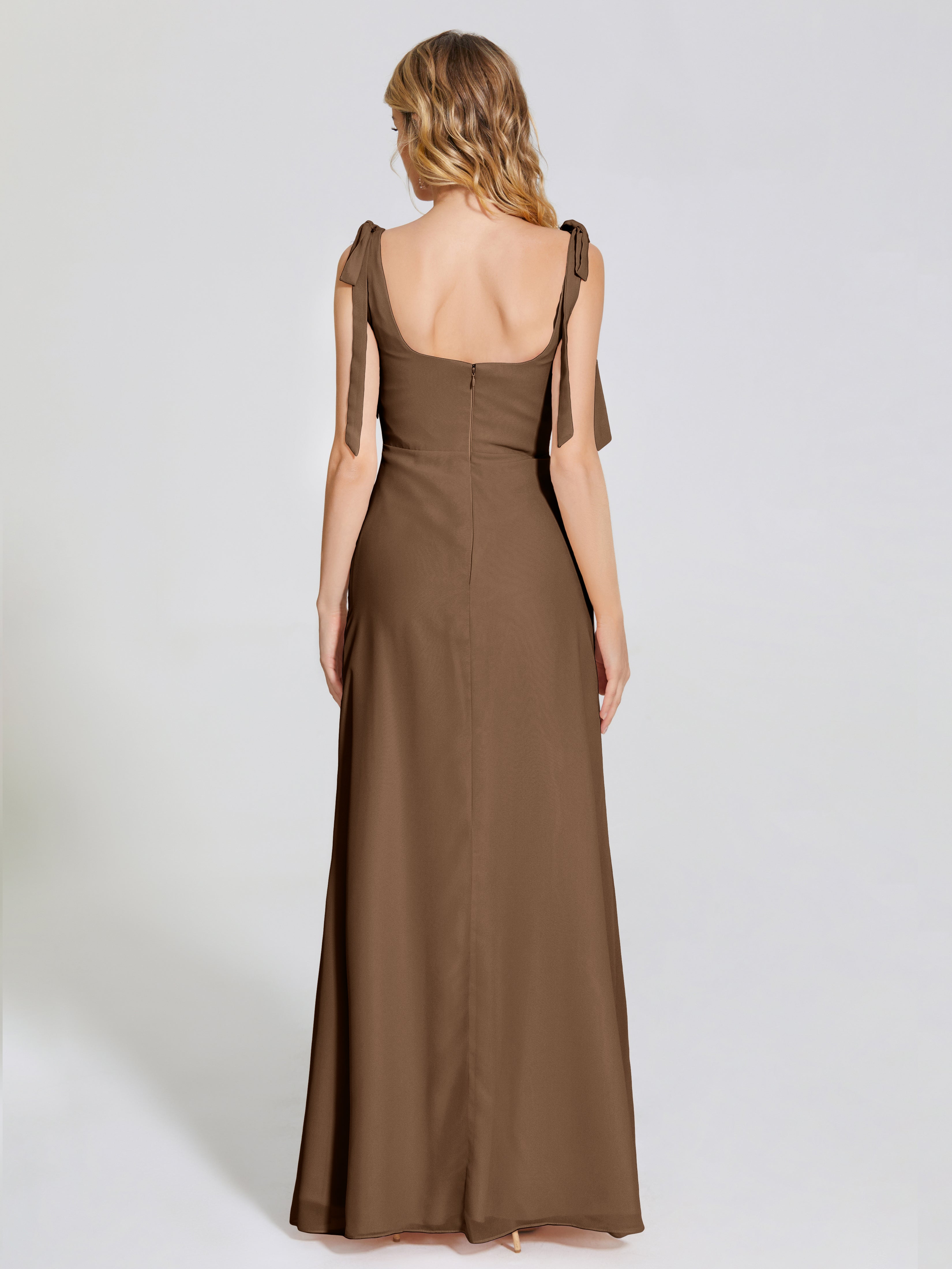 Robe Demoiselle D Honneur Brun Fendue Devant Encolure Carrée Mousseline Robe De Demoiselle D'Honneur