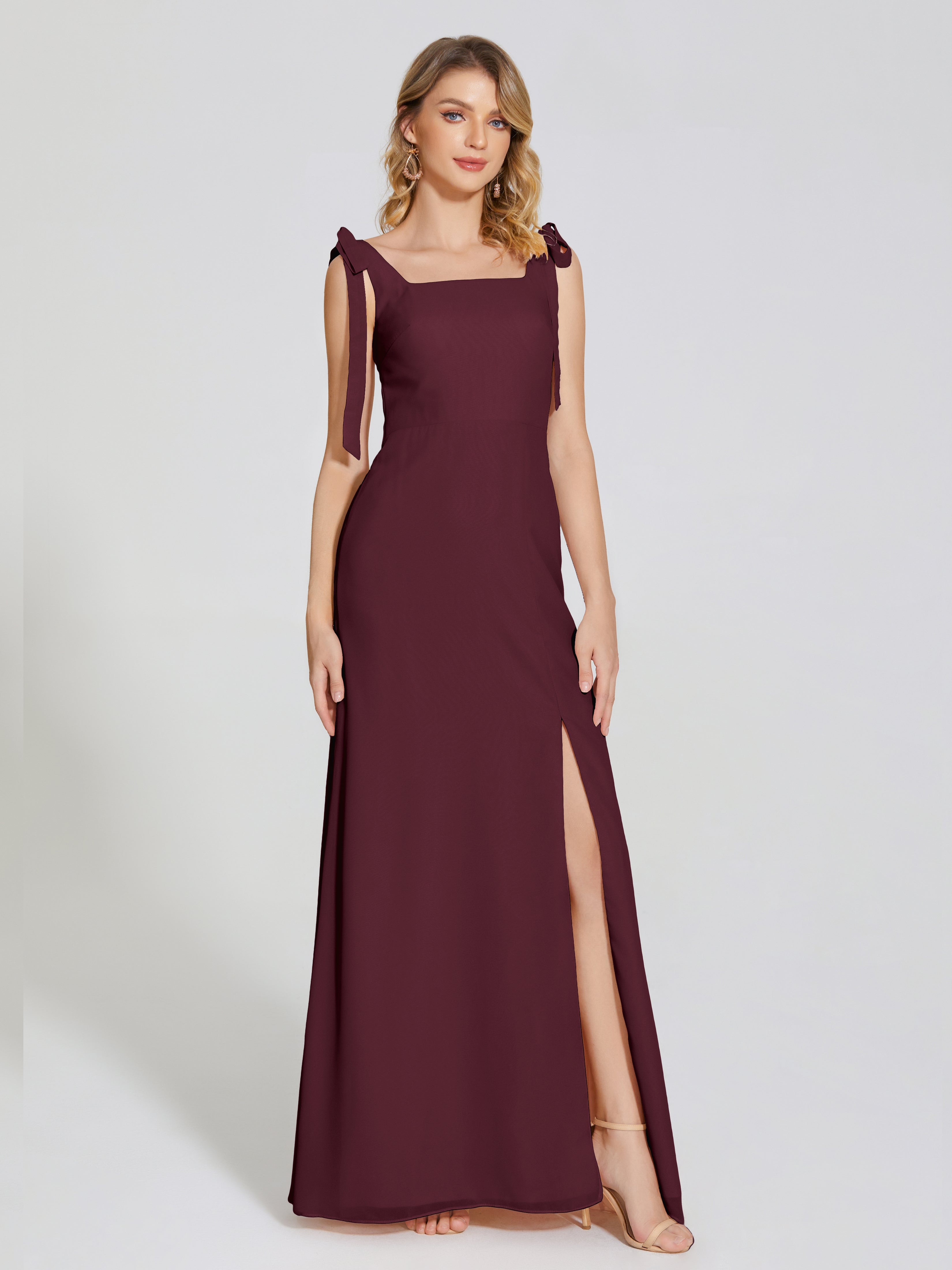 Robes De Demoiselle D'Honneur Cabernet Fendue Devant Encolure Carrée Mousseline Robe De Demoiselle D'Honneur