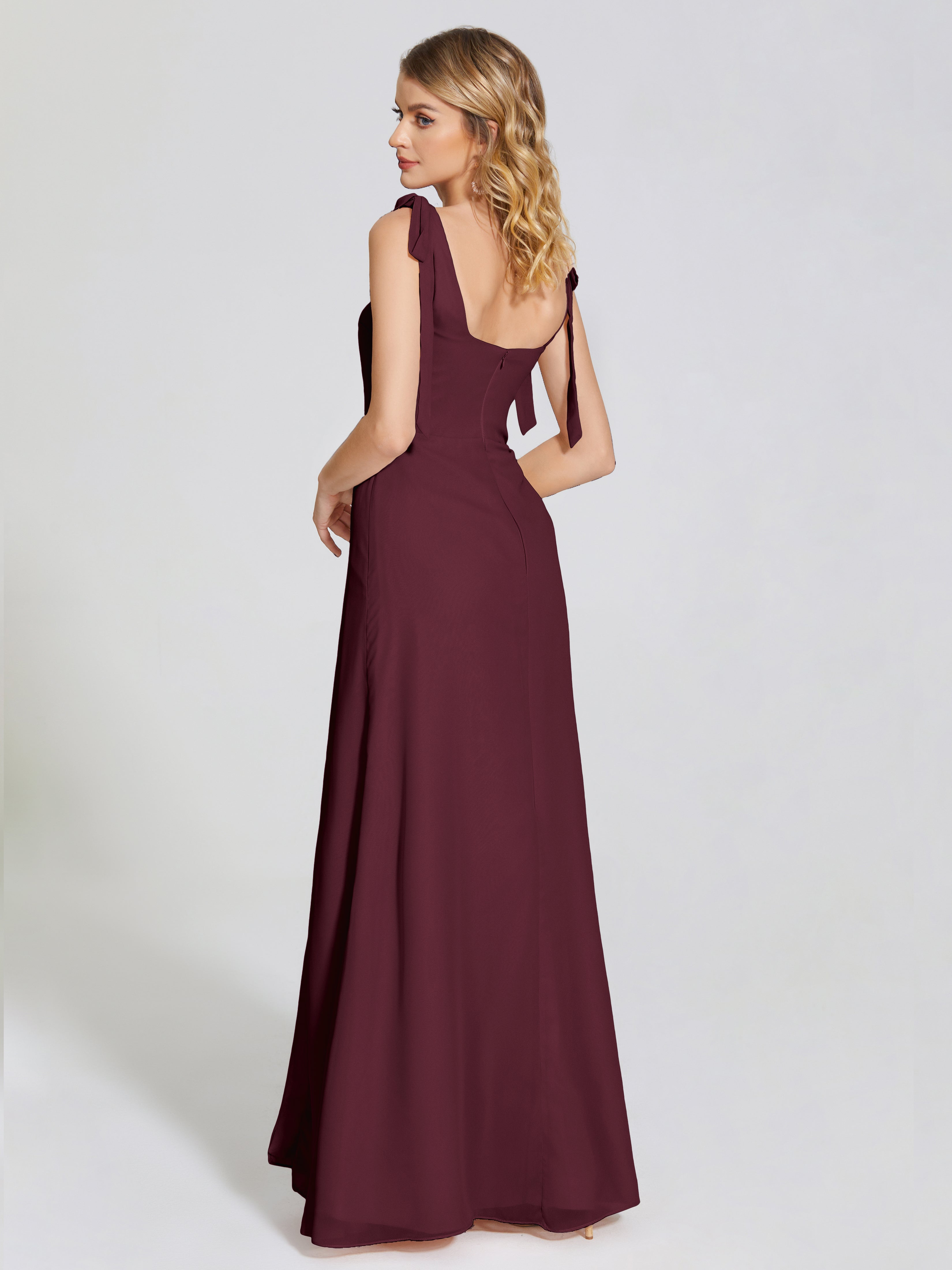 Robes De Demoiselle D'Honneur Cabernet Fendue Devant Encolure Carrée Mousseline Robe De Demoiselle D'Honneur