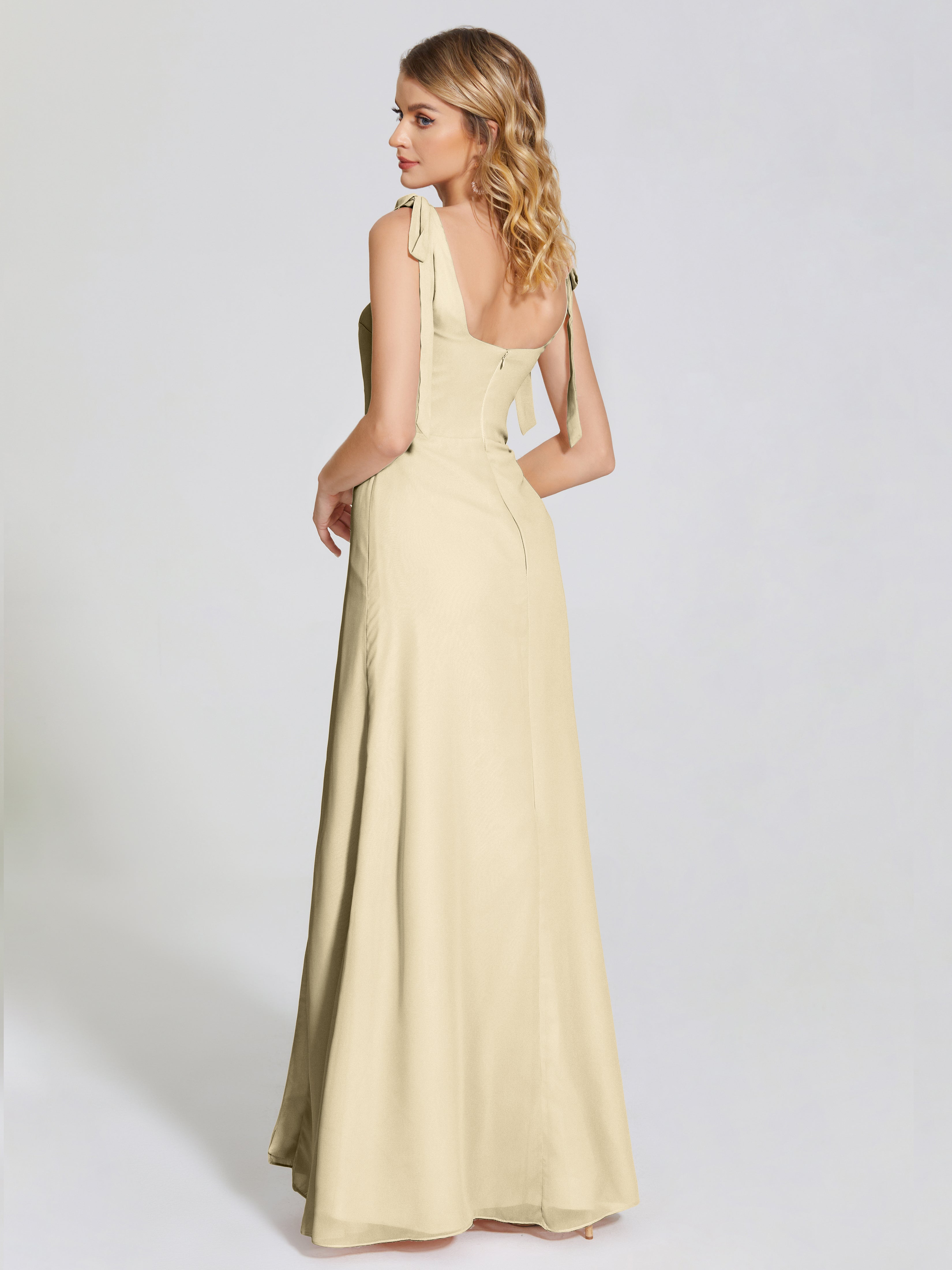 Robe Champagne Demoiselle D Honneur Fendue Devant Encolure Carrée Mousseline Robe De Demoiselle D'Honneur