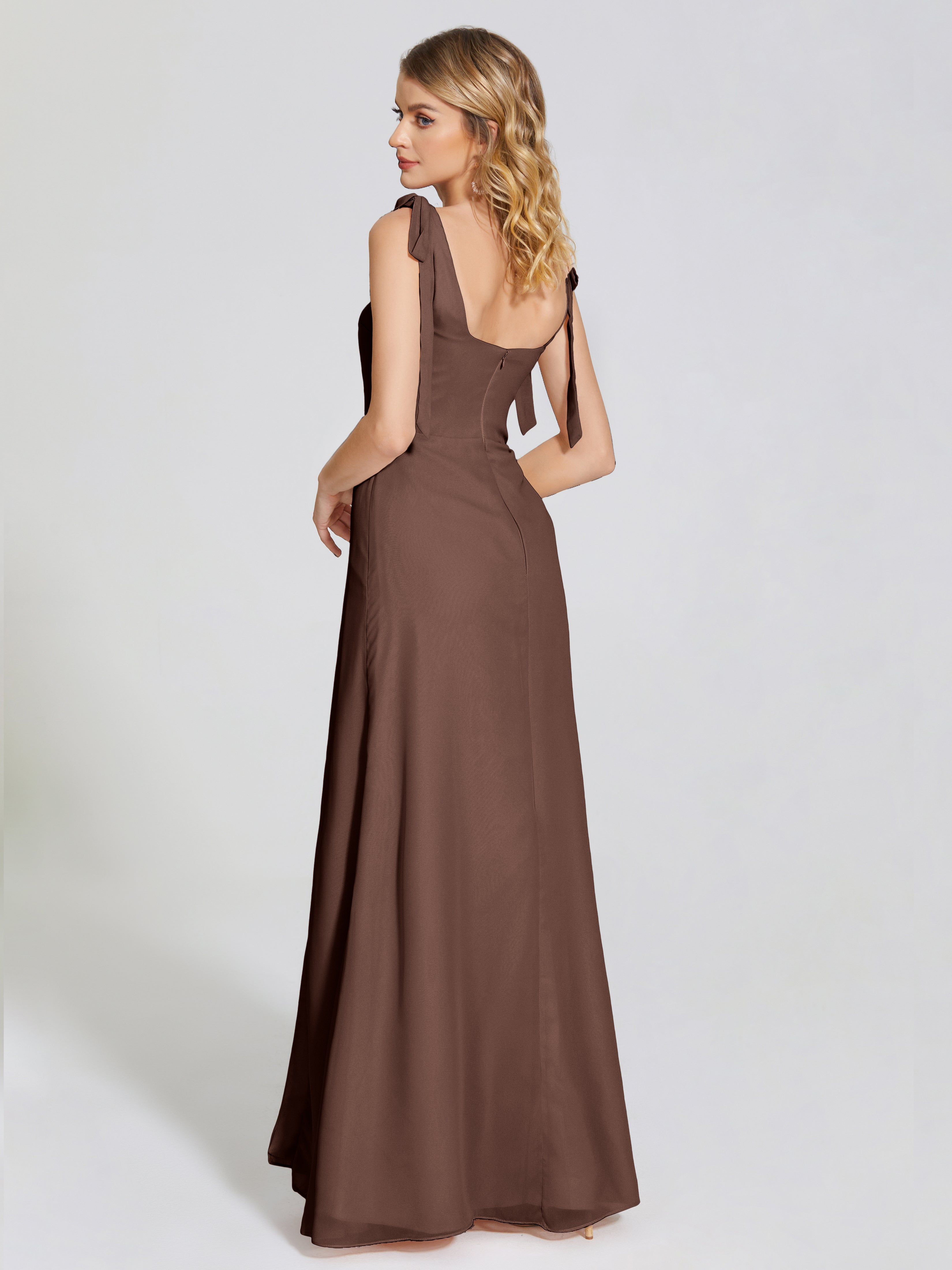 Robe De Demoiselle D Honneur Chocolat Fendue Devant Encolure Carrée Mousseline Robe De Demoiselle D'Honneur