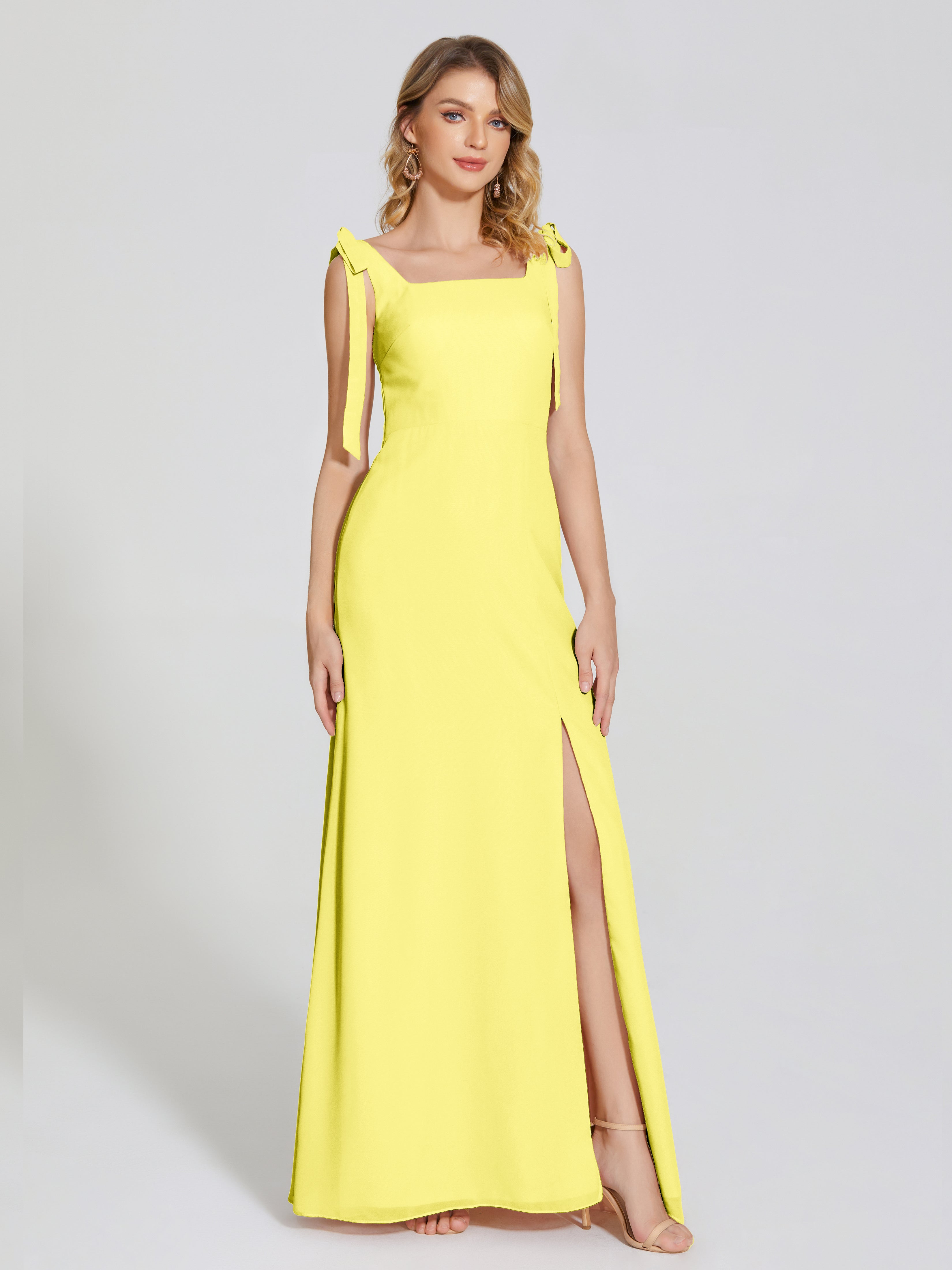 Robes De Demoiselle D'Honneur Citron Fendue Devant Encolure Carrée Mousseline Robe De Demoiselle D'Honneur