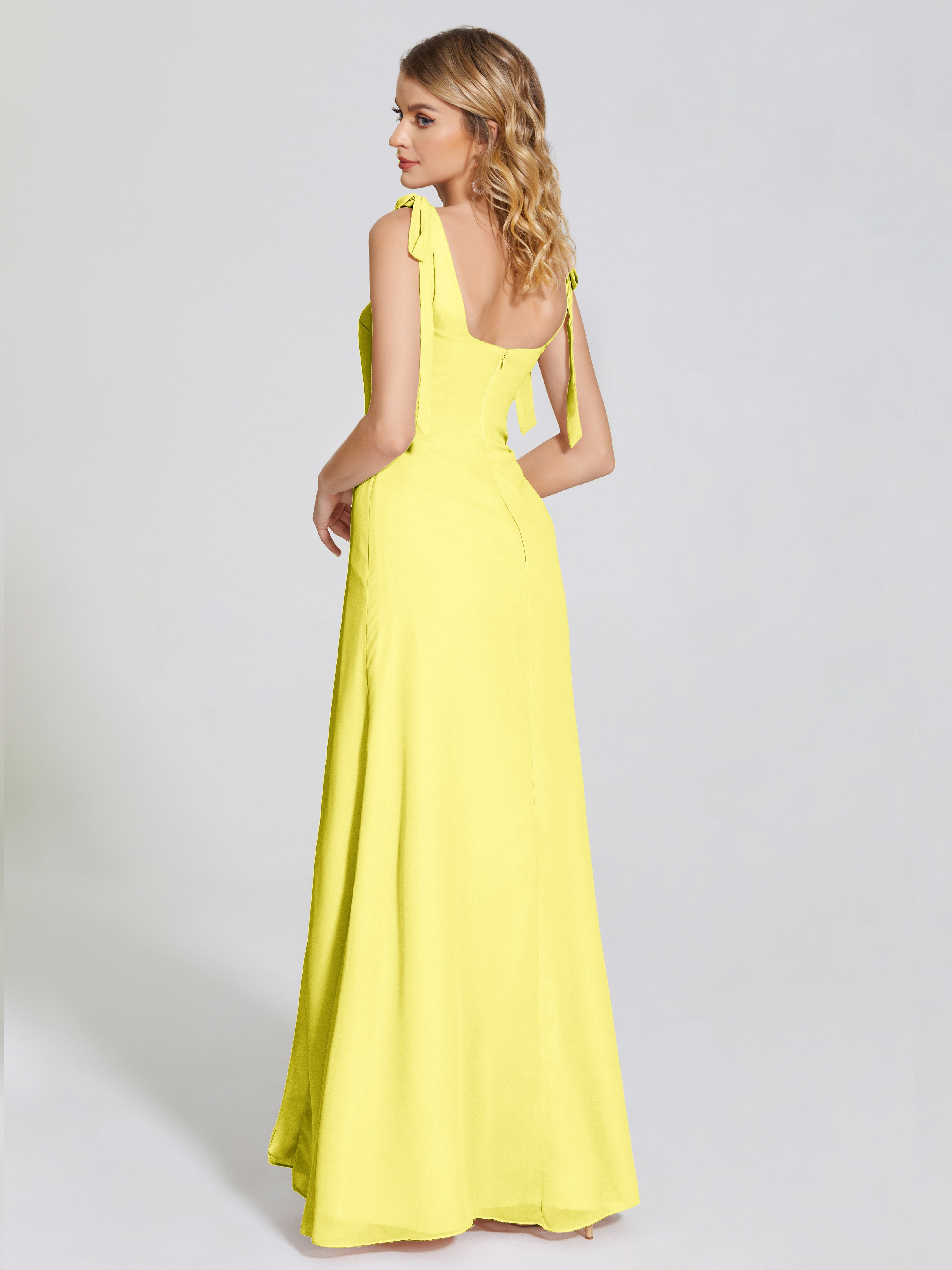 Robes De Demoiselle D'Honneur Citron Fendue Devant Encolure Carrée Mousseline Robe De Demoiselle D'Honneur