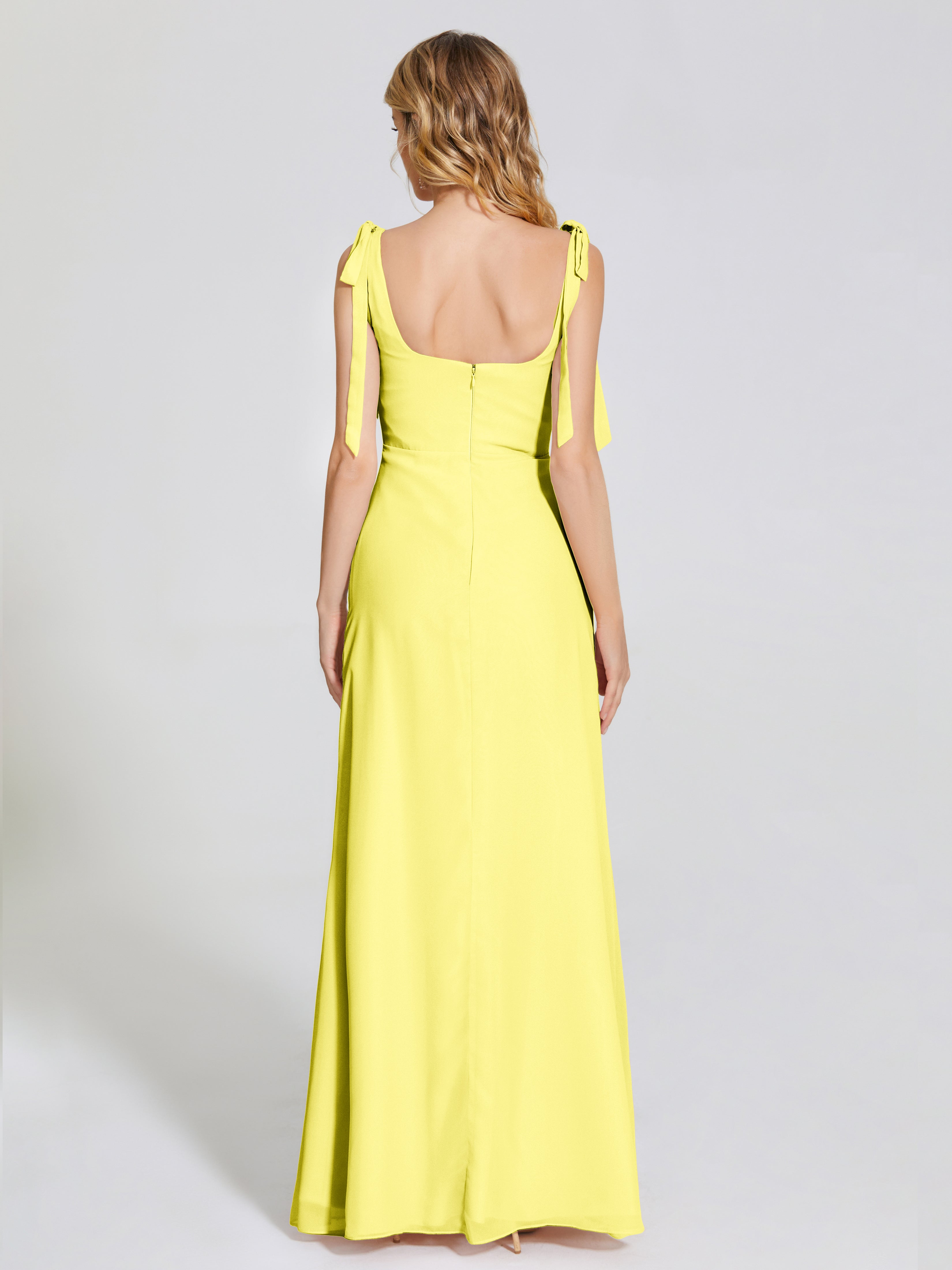 Robes De Demoiselle D'Honneur Citron Fendue Devant Encolure Carrée Mousseline Robe De Demoiselle D'Honneur