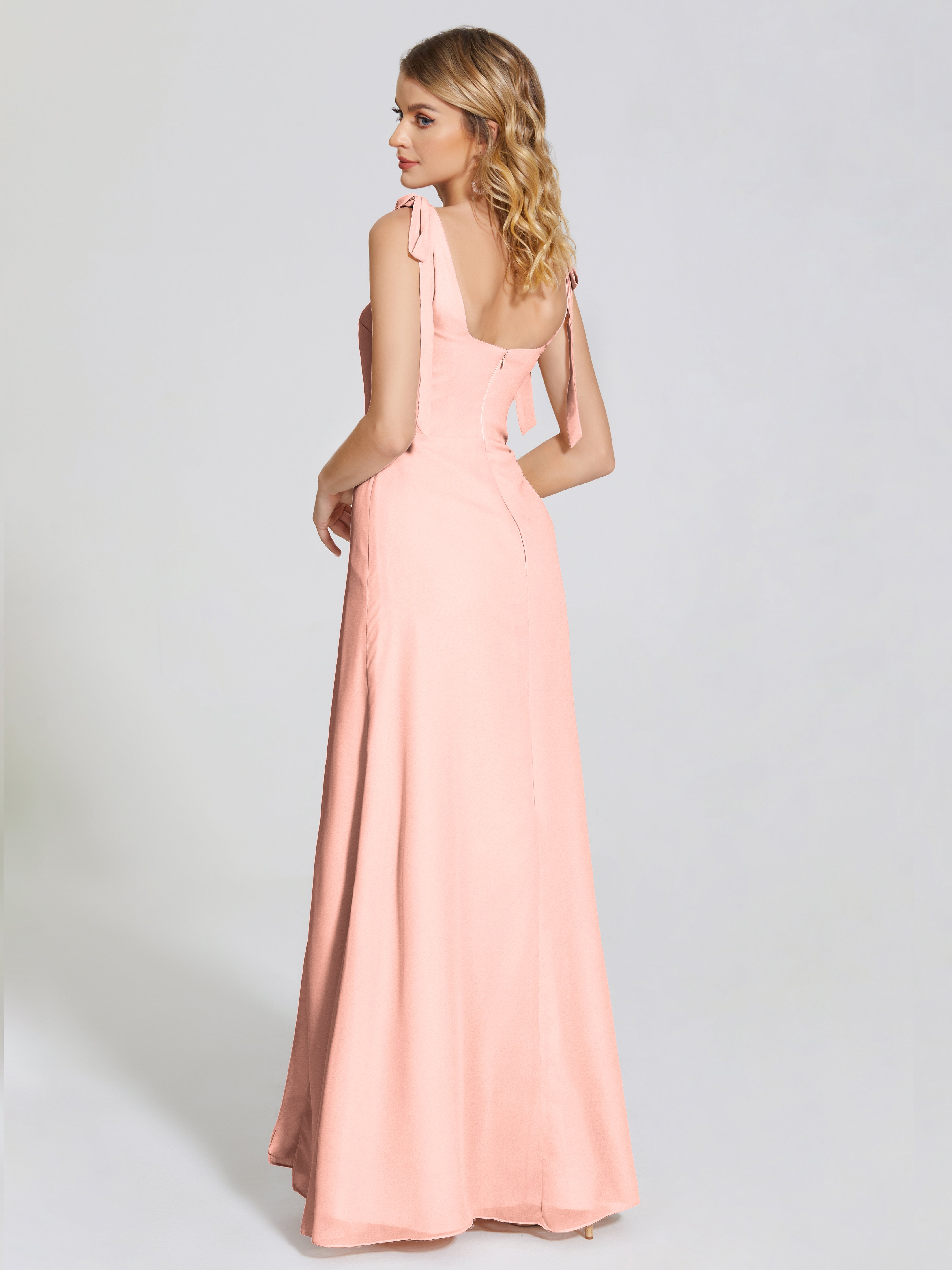 Robes Demoiselles D Honneur Corail Fendue Devant Encolure Carrée Mousseline Robe De Demoiselle D'Honneur