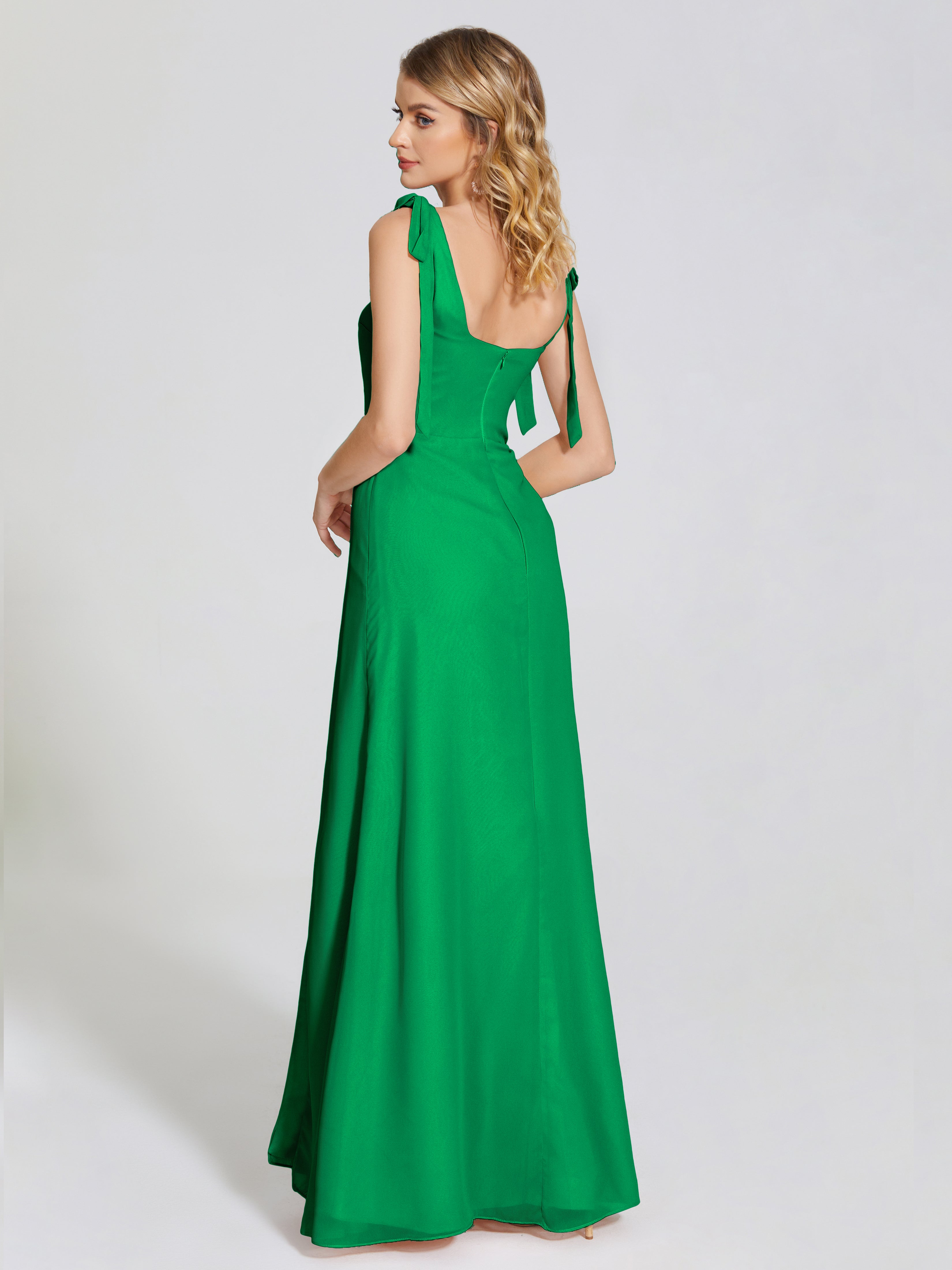 Bridal Robe Demoiselle D Honneur Vert Emeraude Fendue Devant Encolure Carrée Mousseline Robe De Demoiselle D'Honneur