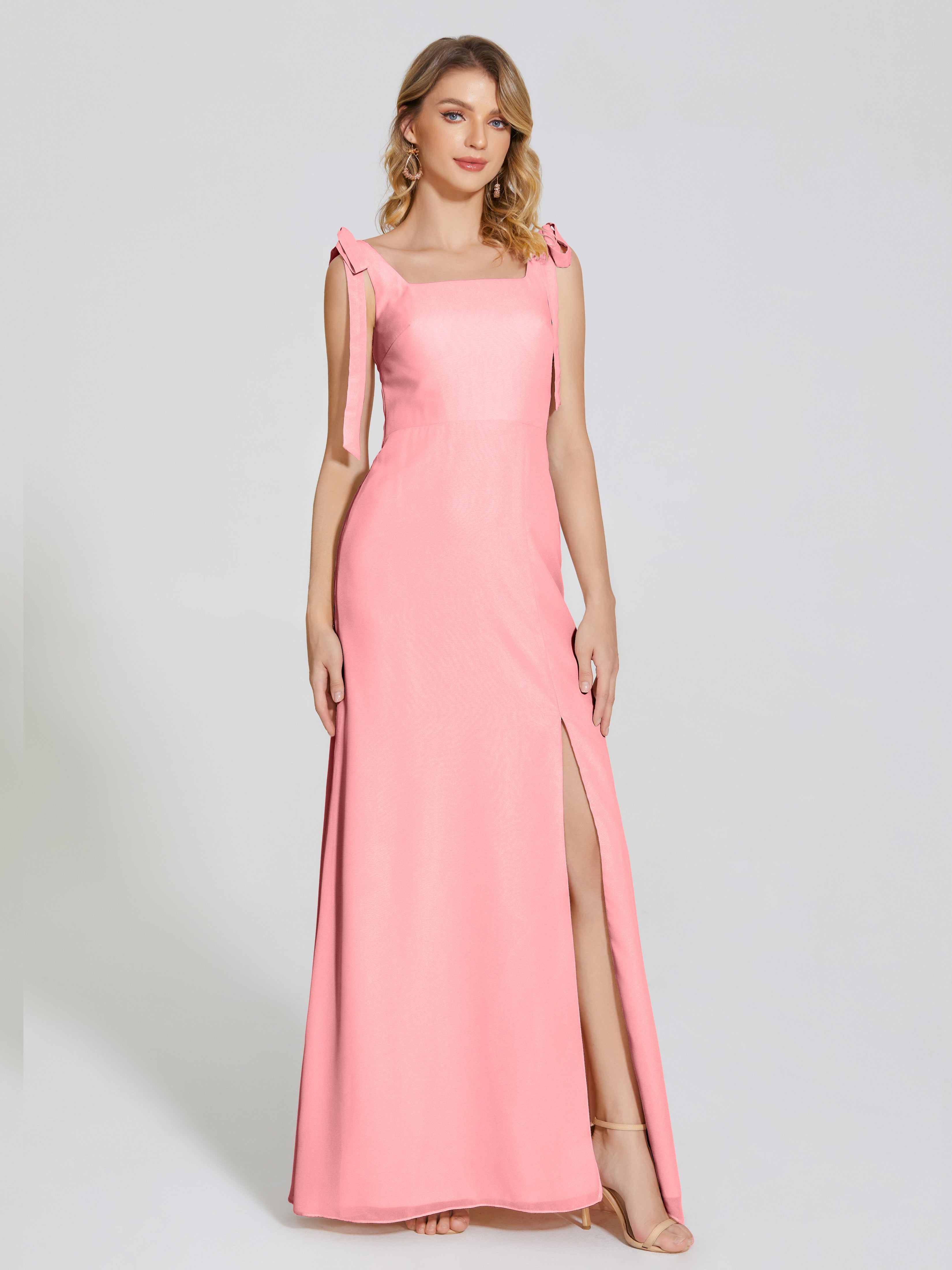 Robes De Demoiselle D'Honneur En Flamant Fendue Devant Encolure Carrée Mousseline Robe De Demoiselle D'Honneur