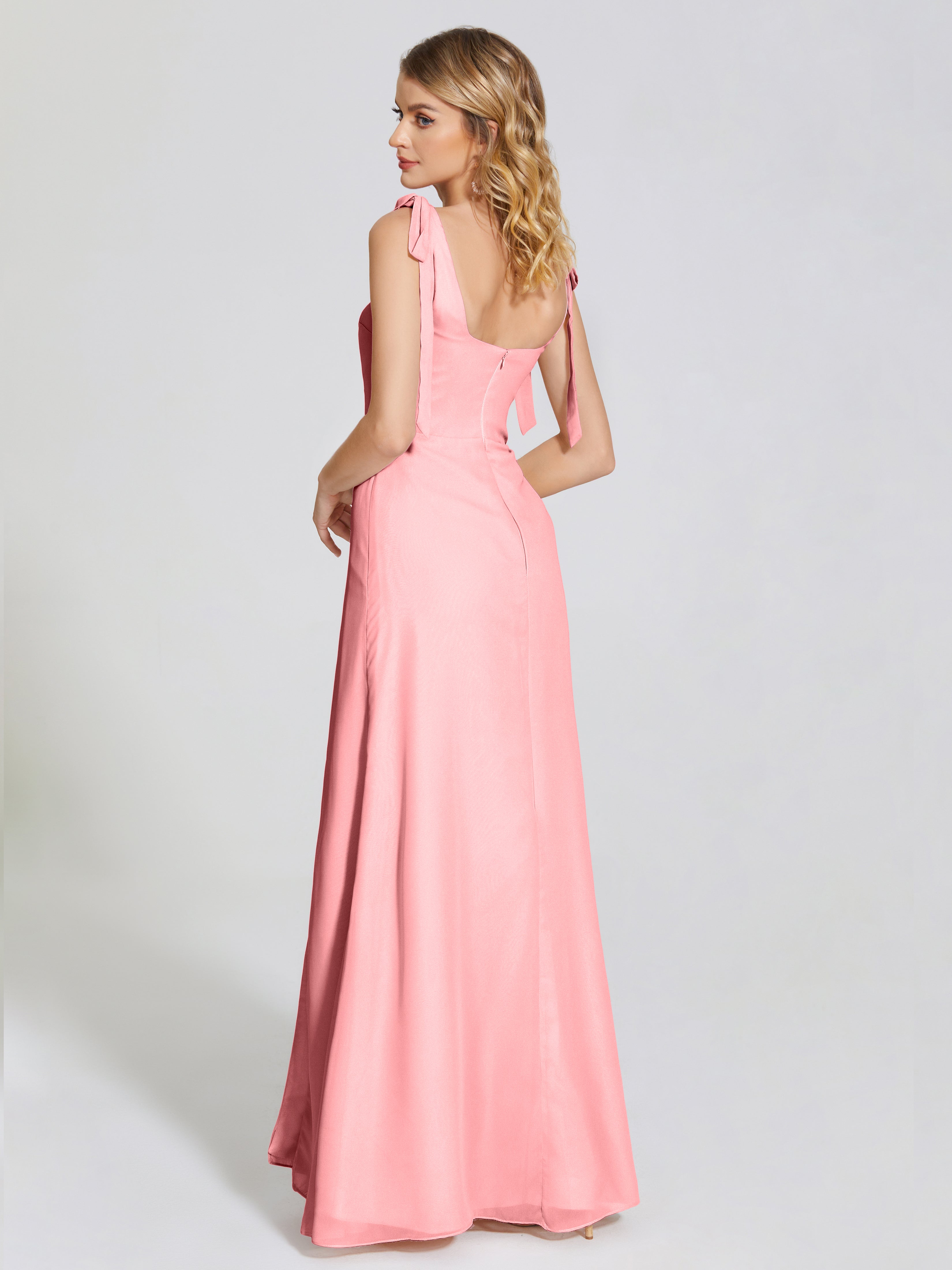 Robes De Demoiselle D'Honneur En Flamant Fendue Devant Encolure Carrée Mousseline Robe De Demoiselle D'Honneur