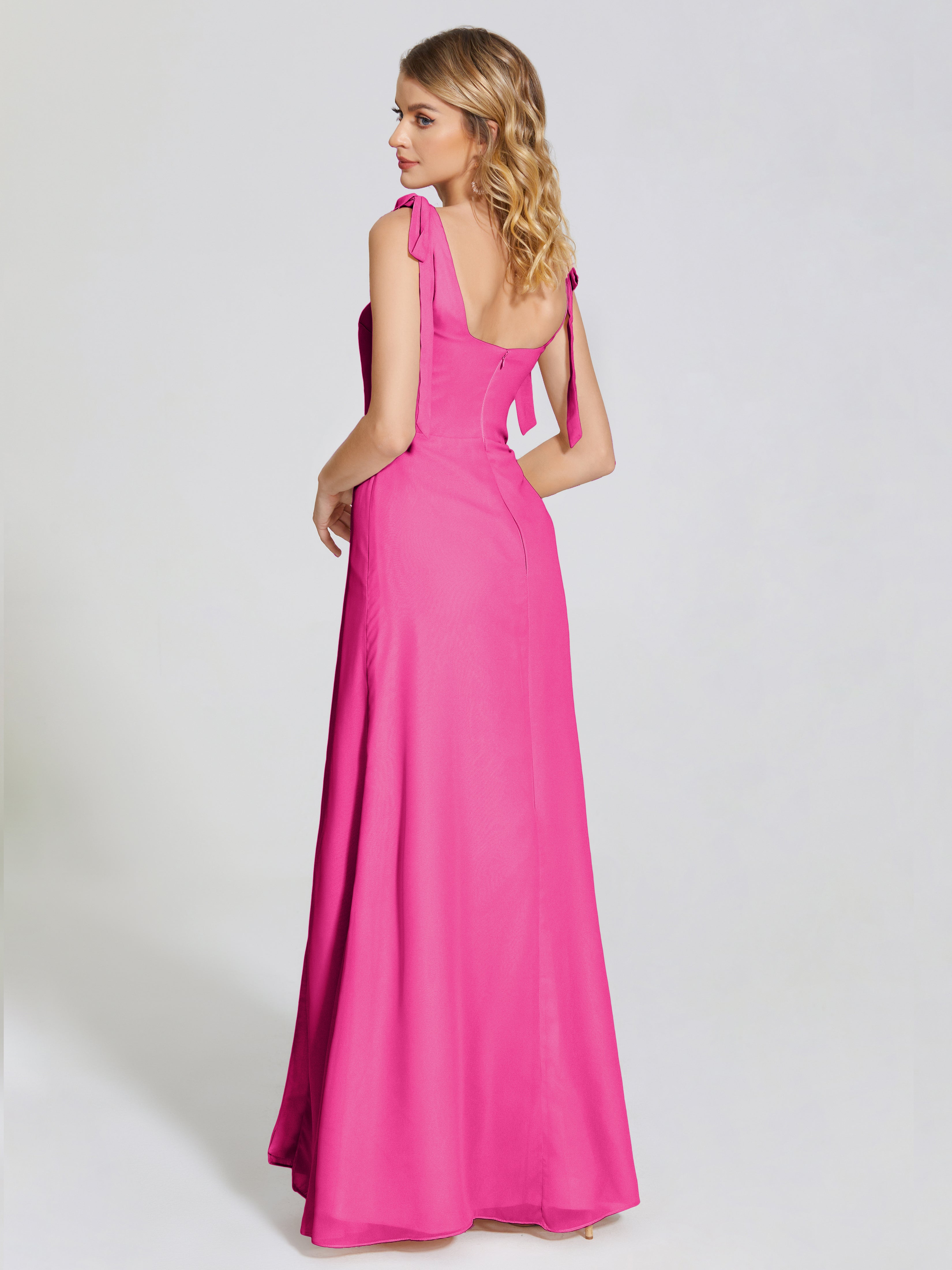 Robes De Demoiselle D'Honneur Rose Fuchsia Couleur Fendue Devant Encolure Carrée Mousseline Robe De Demoiselle D'Honneur