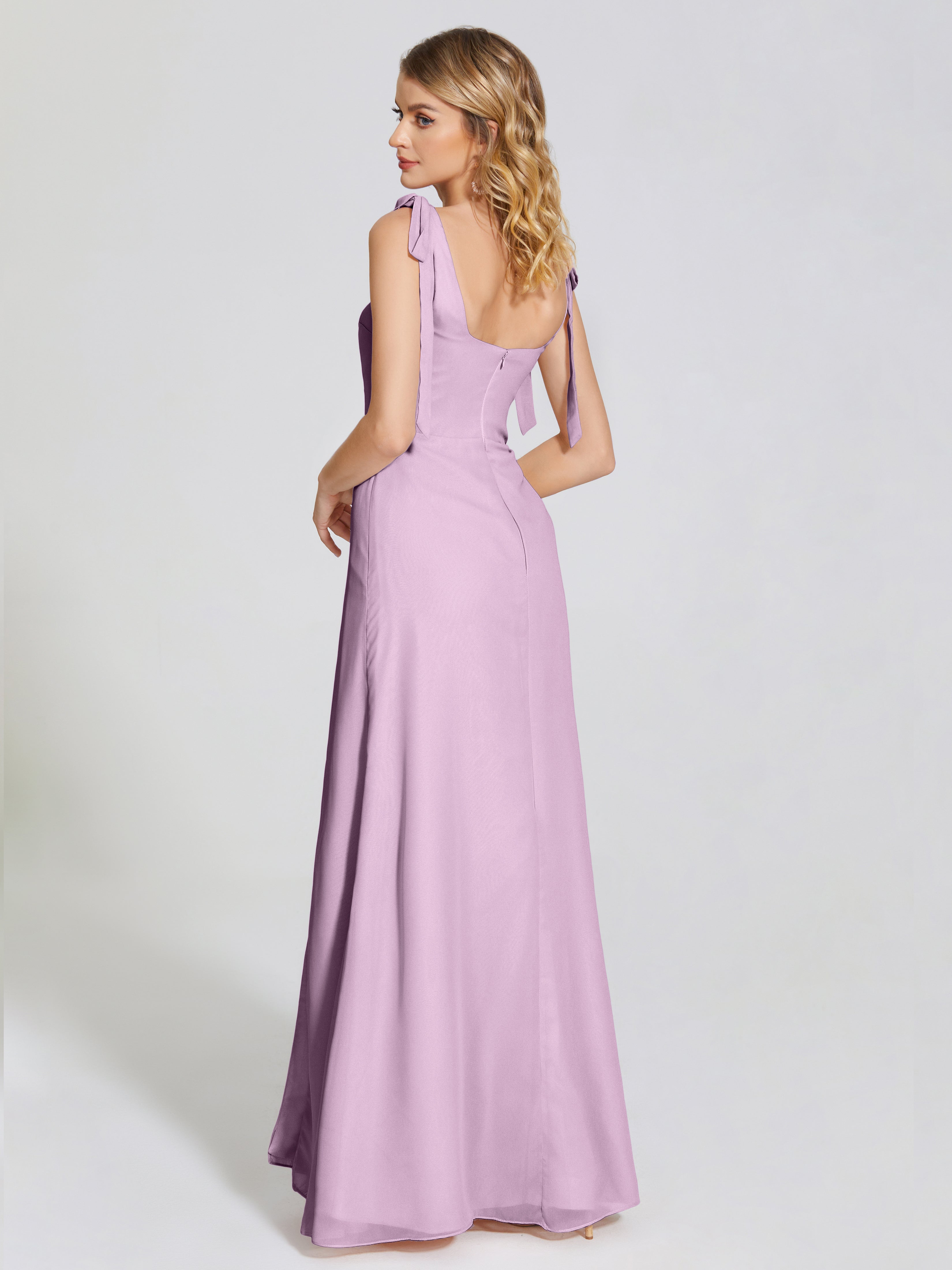 Robes De Demoiselle D'Honneur Glycine Fendue Devant Encolure Carrée Mousseline Robe De Demoiselle D'Honneur