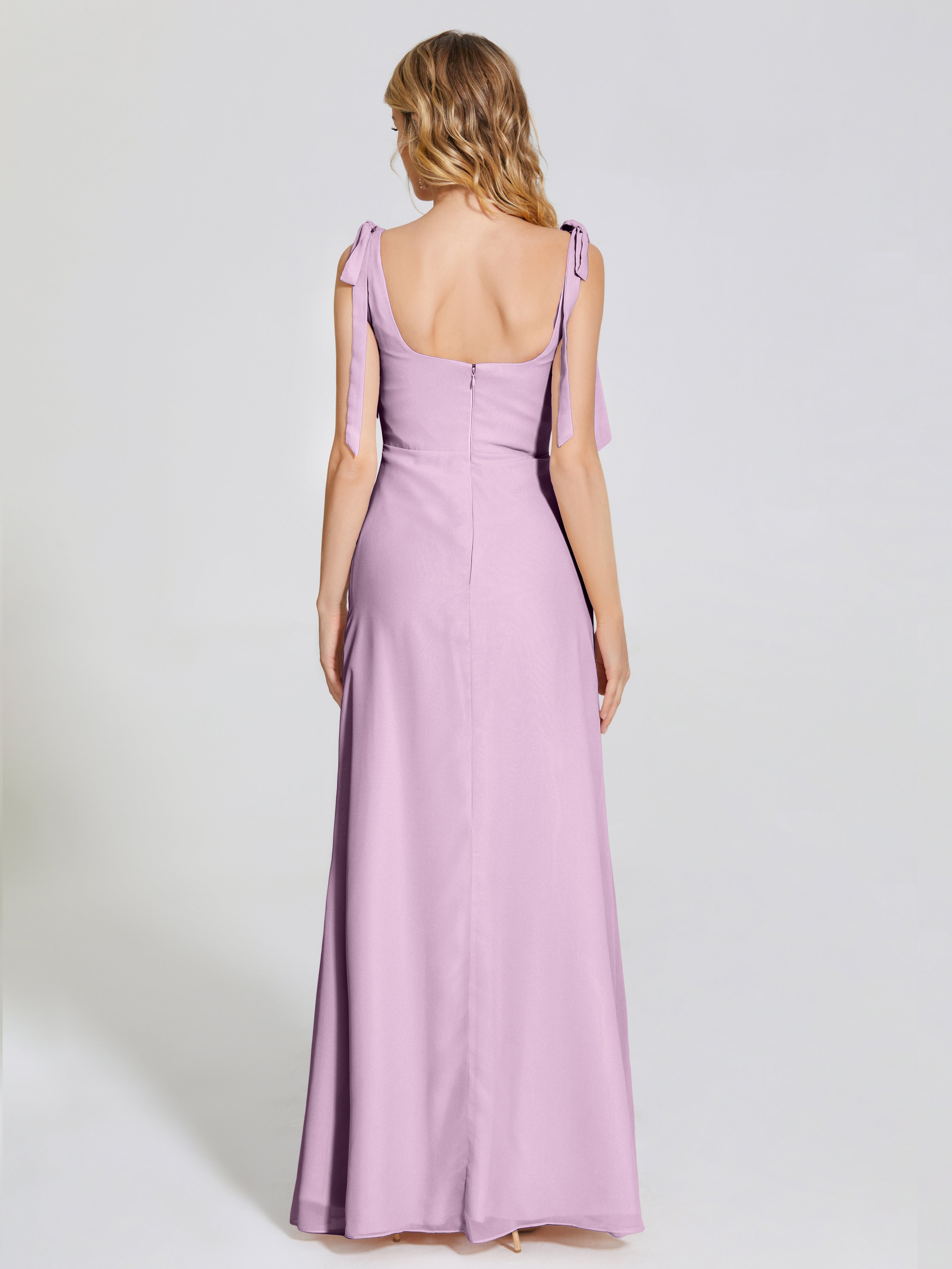 Robes De Demoiselle D'Honneur Glycine Fendue Devant Encolure Carrée Mousseline Robe De Demoiselle D'Honneur