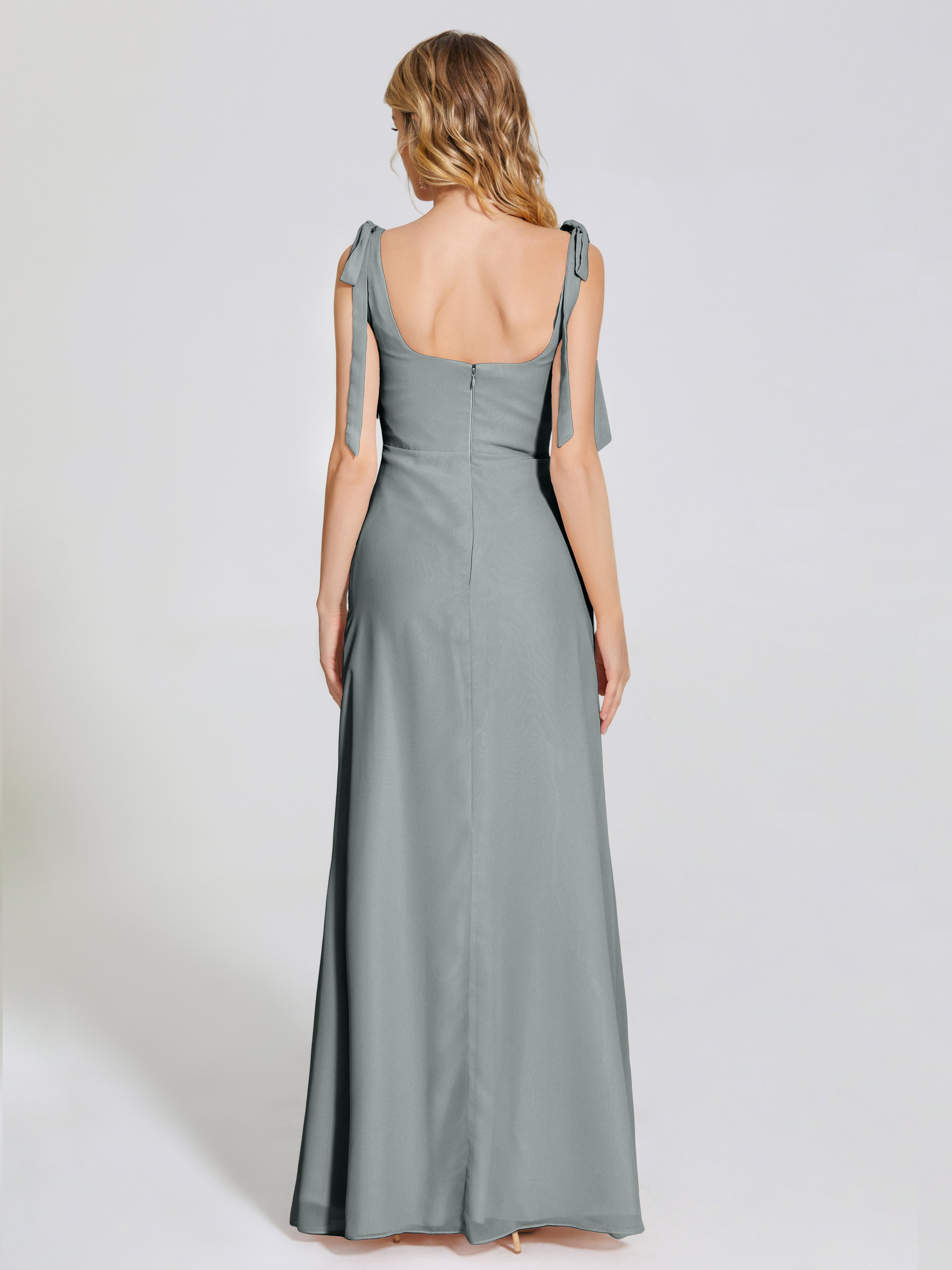 Robe Longue Grise Demoiselle D Honneur Fendue Devant Encolure Carrée Mousseline Robe De Demoiselle D'Honneur