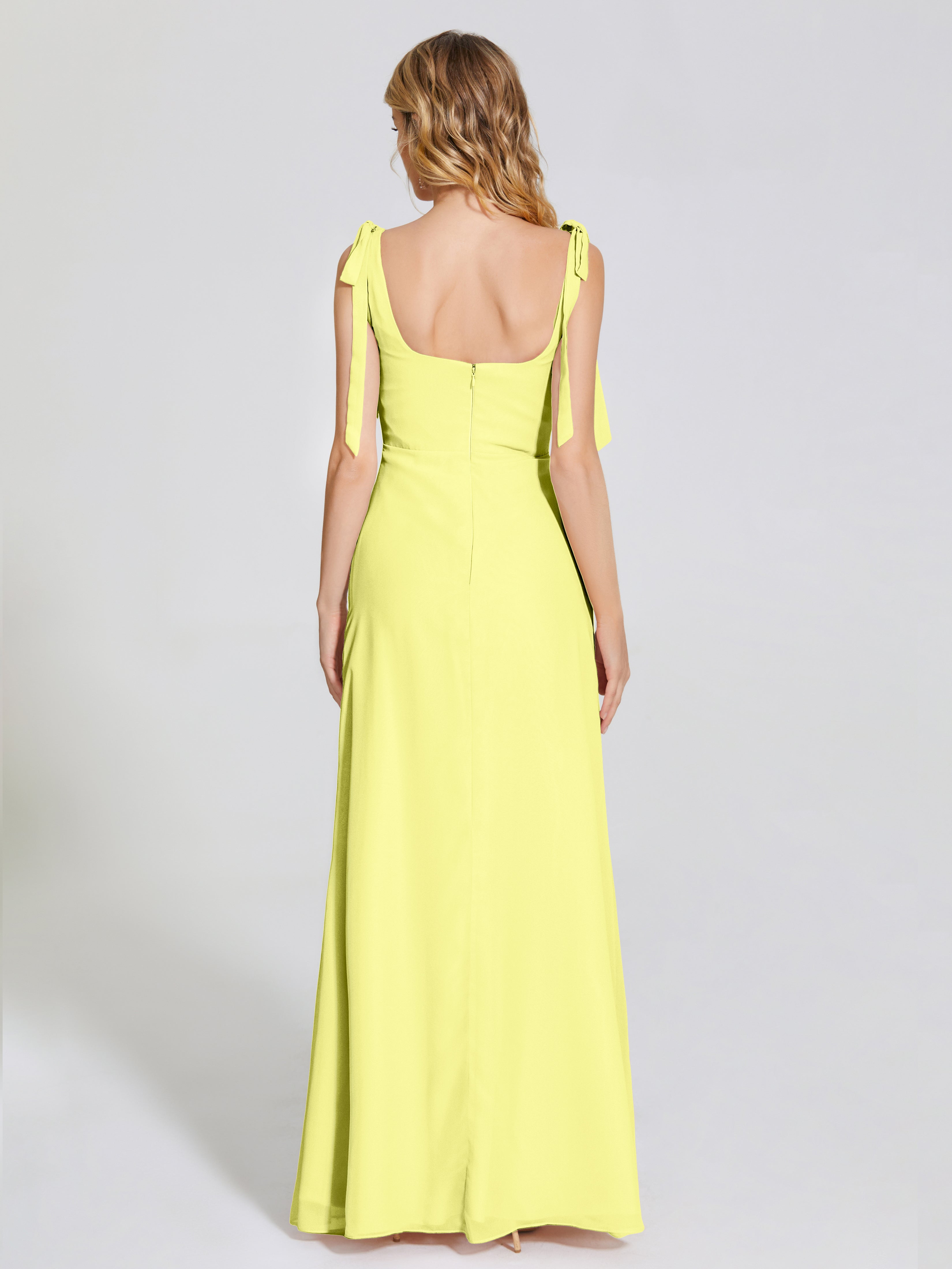 Robes De Demoiselle D'Honneur Jonquille Fendue Devant Encolure Carrée Mousseline Robe De Demoiselle D'Honneur