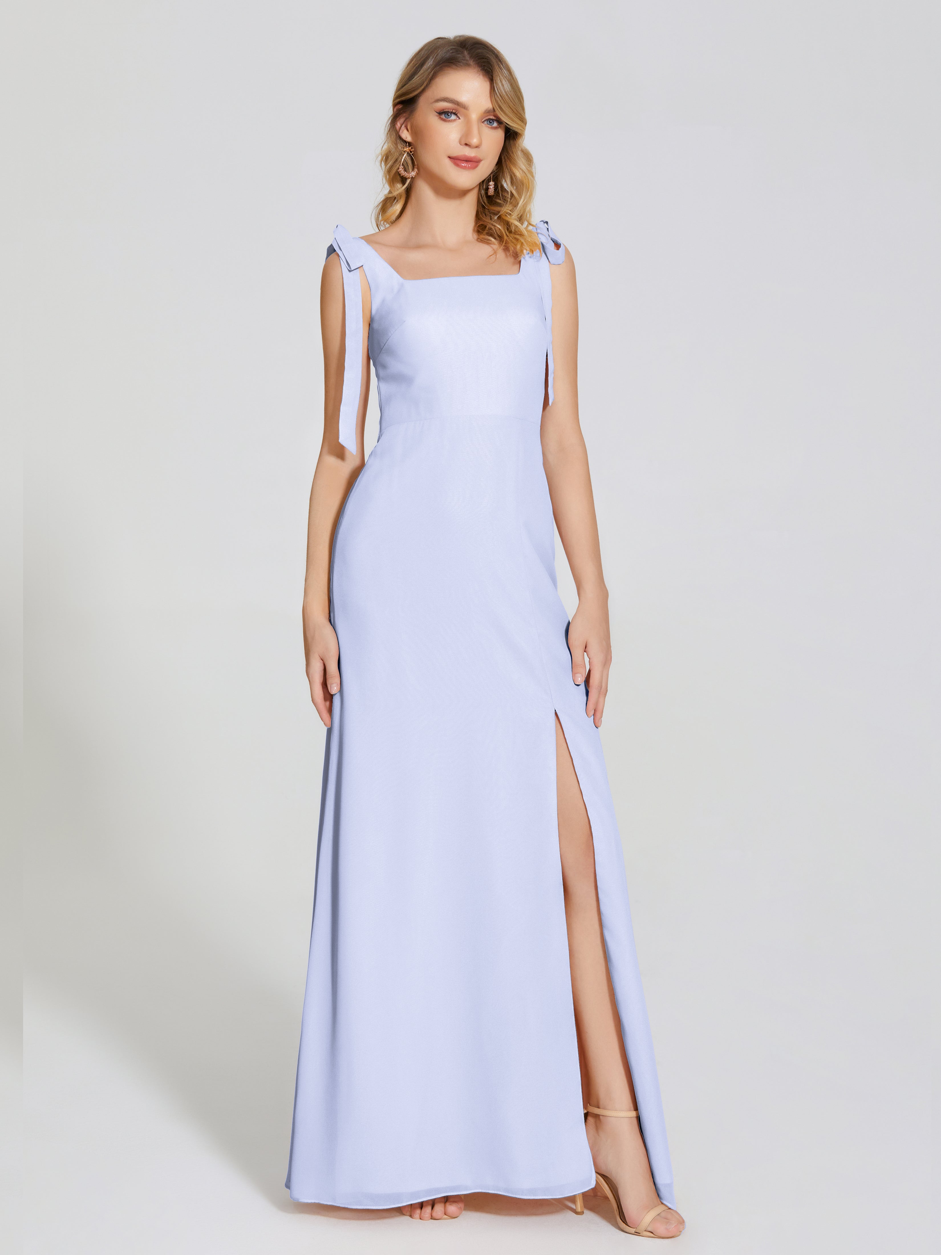 Robe Demoiselle D Honneur Couleur Lavande Fendue Devant Encolure Carrée Mousseline Robe De Demoiselle D'Honneur