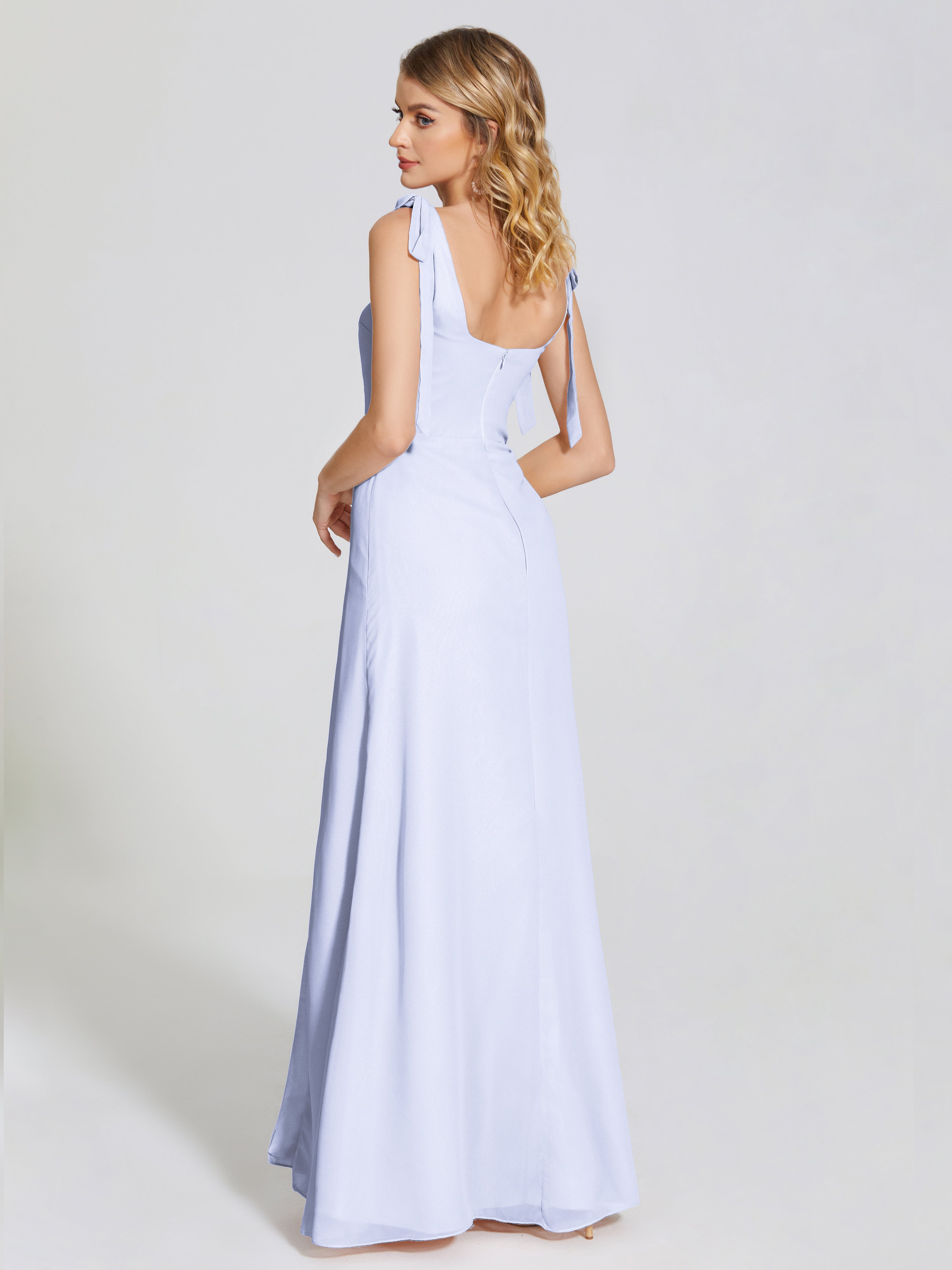 Robe Demoiselle D Honneur Couleur Lavande Fendue Devant Encolure Carrée Mousseline Robe De Demoiselle D'Honneur