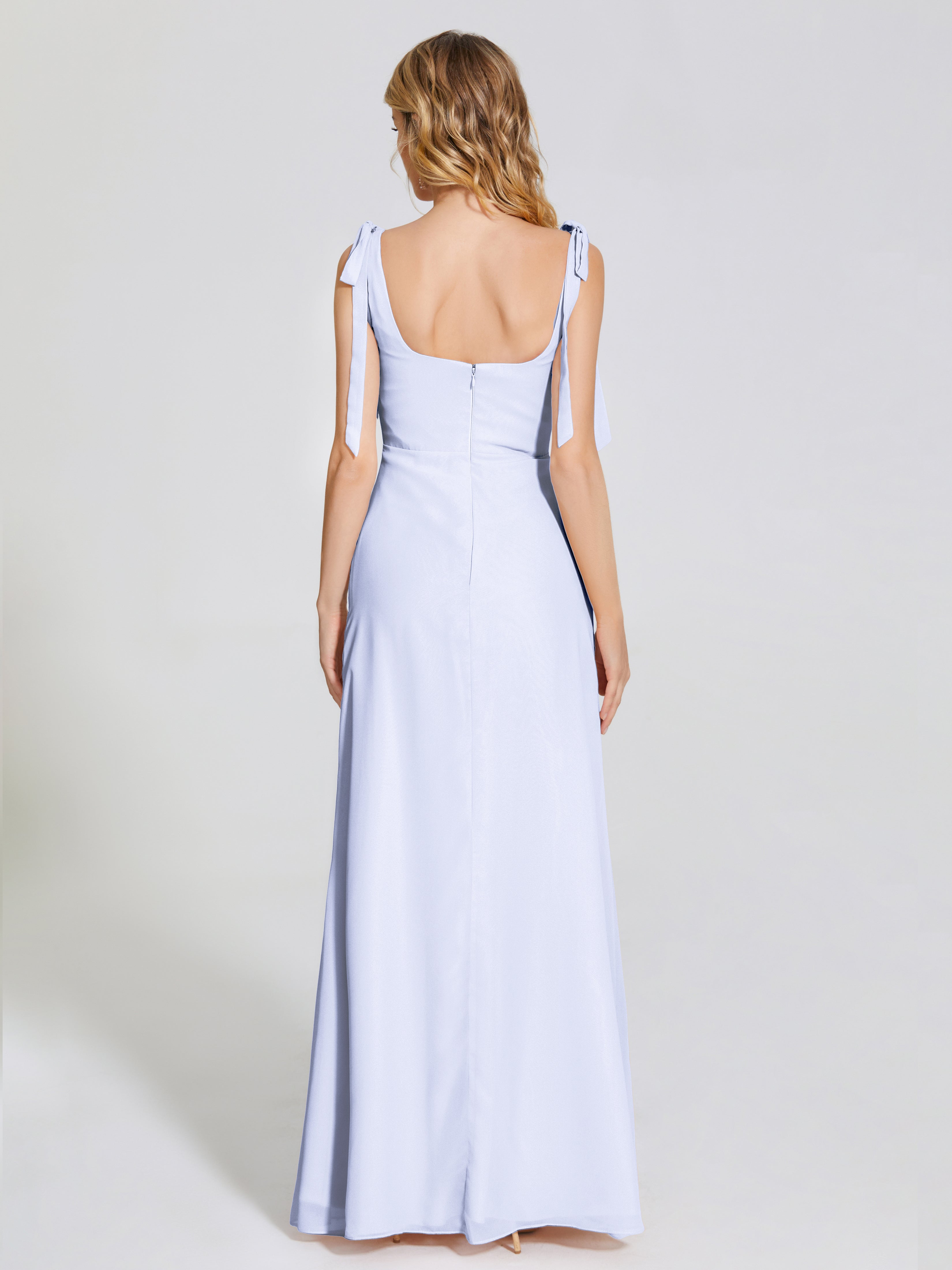 Robe Demoiselle D Honneur Couleur Lavande Fendue Devant Encolure Carrée Mousseline Robe De Demoiselle D'Honneur