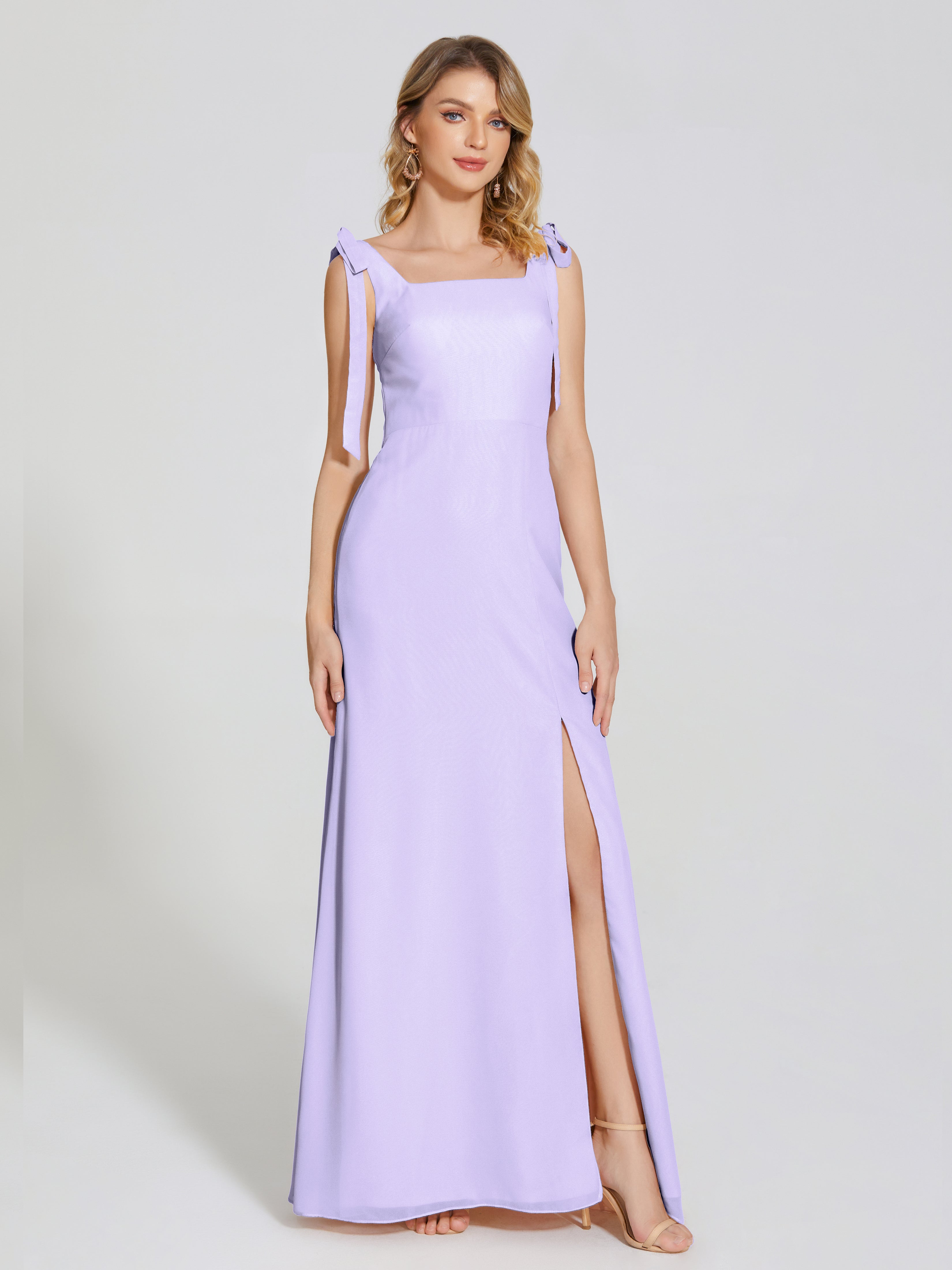 Robe Demoiselle Honneur Lilas Fendue Devant Encolure Carrée Mousseline Robe De Demoiselle D'Honneur