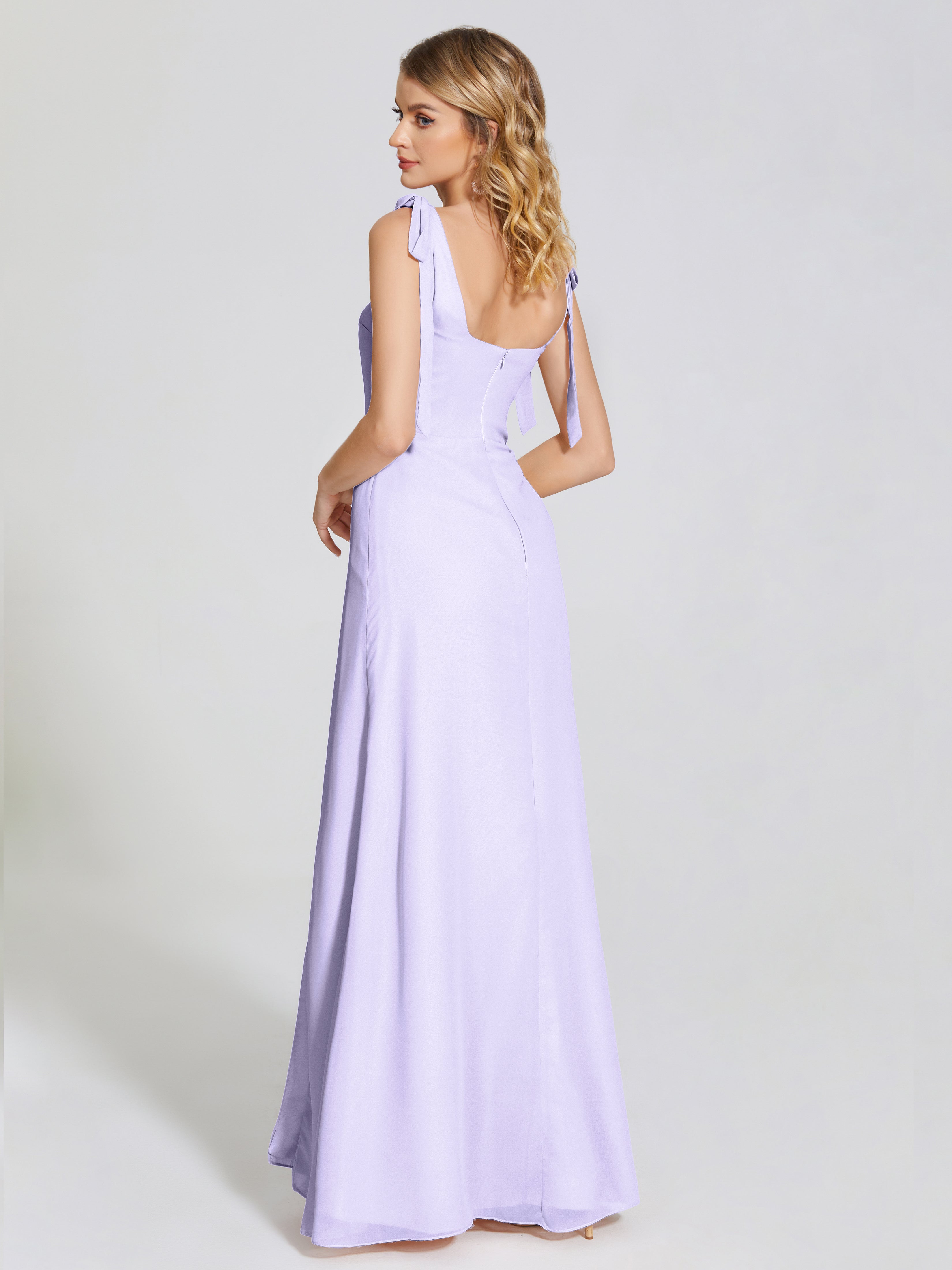 Robe Demoiselle Honneur Lilas Fendue Devant Encolure Carrée Mousseline Robe De Demoiselle D'Honneur