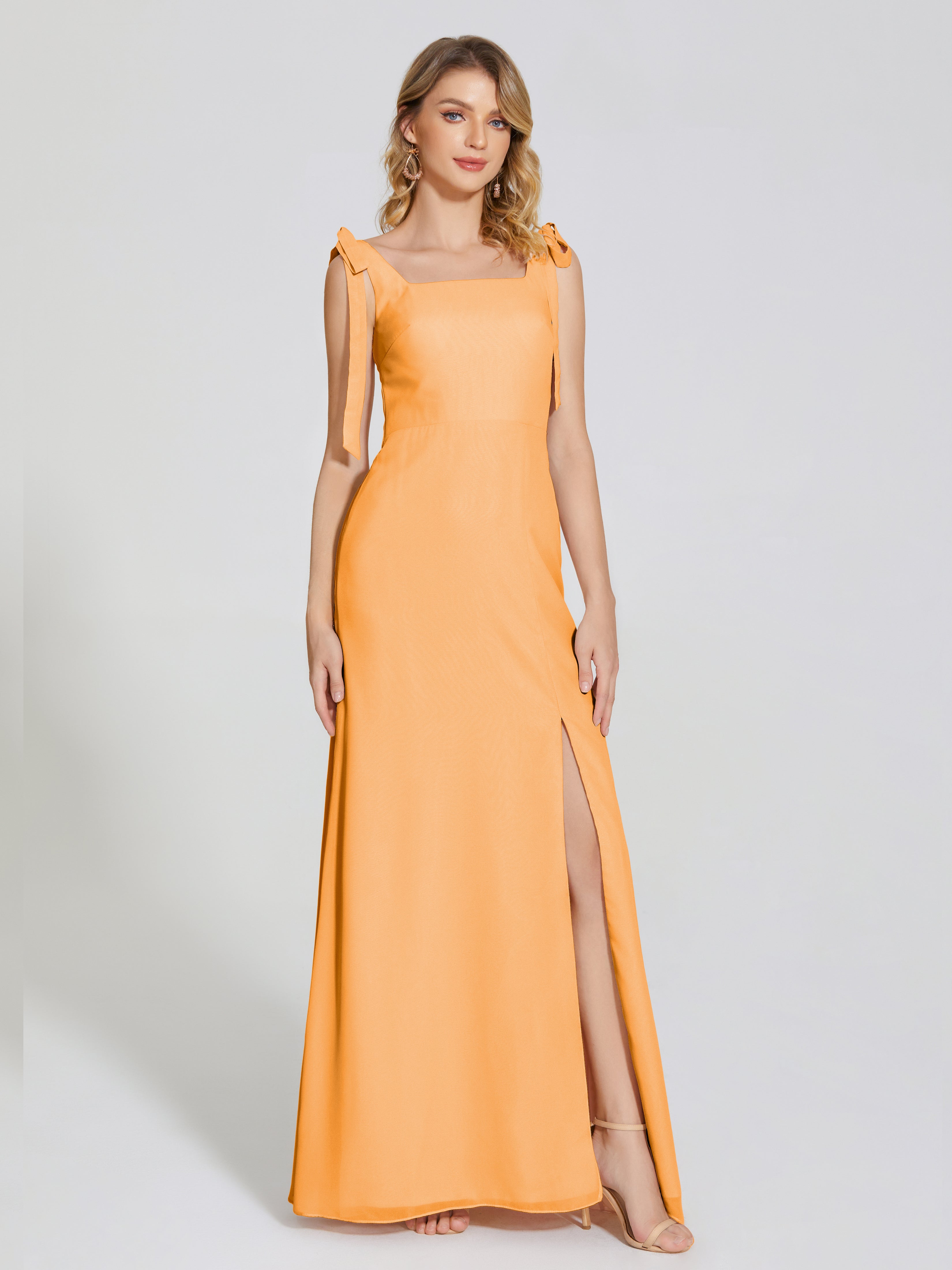 Robes De Demoiselle D'Honneur Mandarine Fendue Devant Encolure Carrée Mousseline Robe De Demoiselle D'Honneur