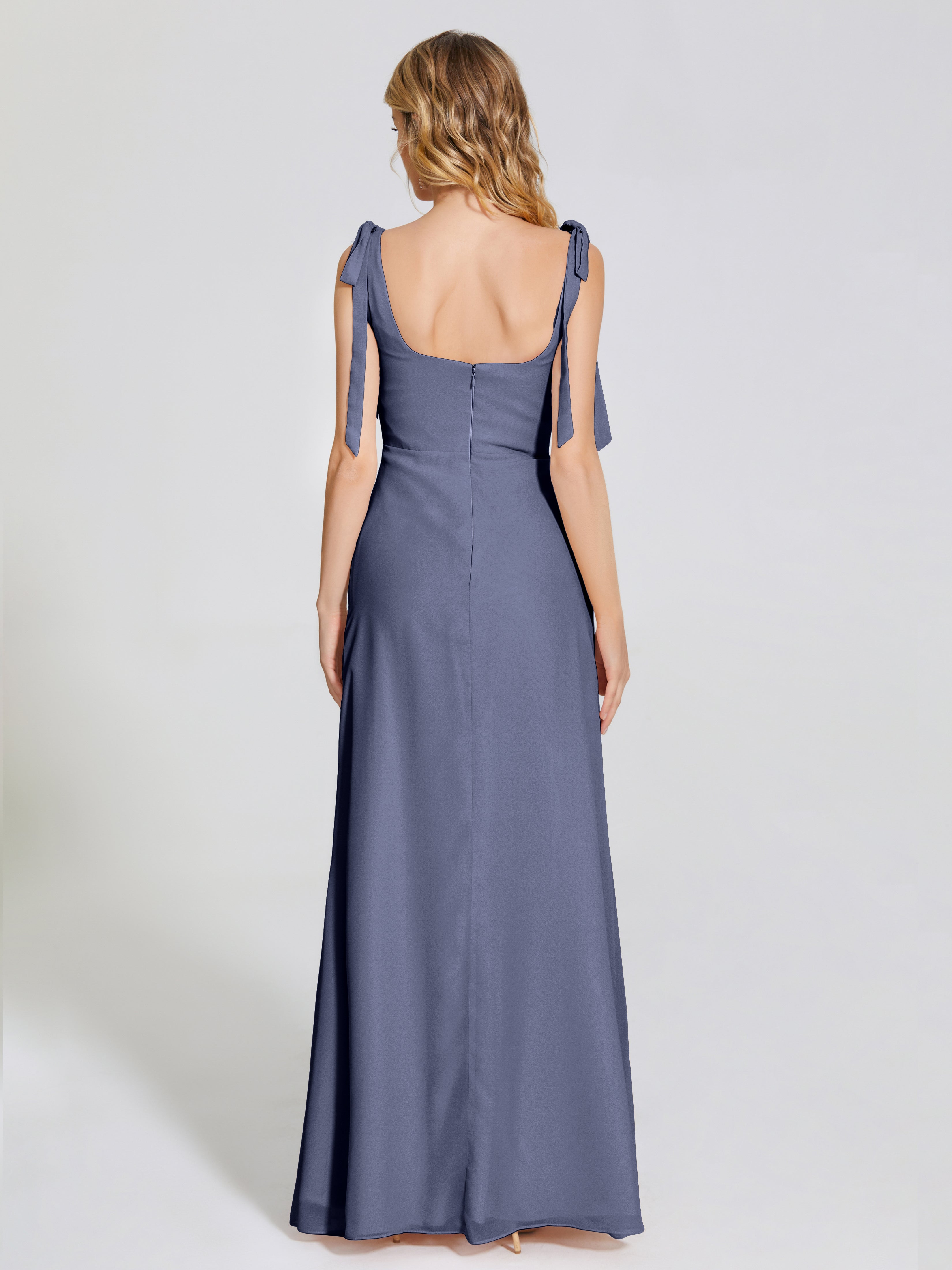 Robes De Demoiselle D'Honneur Bleu Orageux Fendue Devant Encolure Carrée Mousseline Robe De Demoiselle D'Honneur