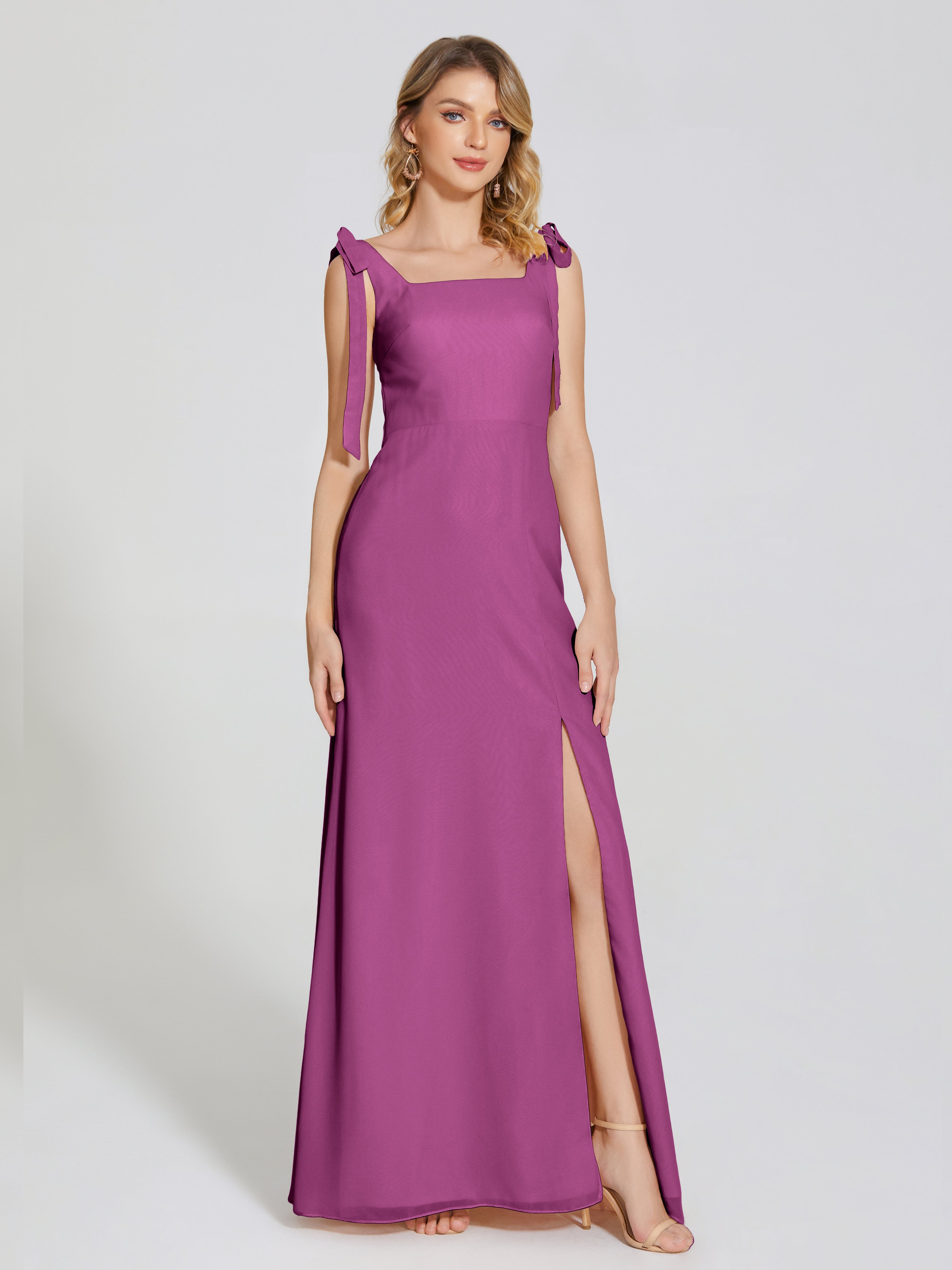 Robes De Demoiselle D'Honneur Orchidée Fendue Devant Encolure Carrée Mousseline Robe De Demoiselle D'Honneur