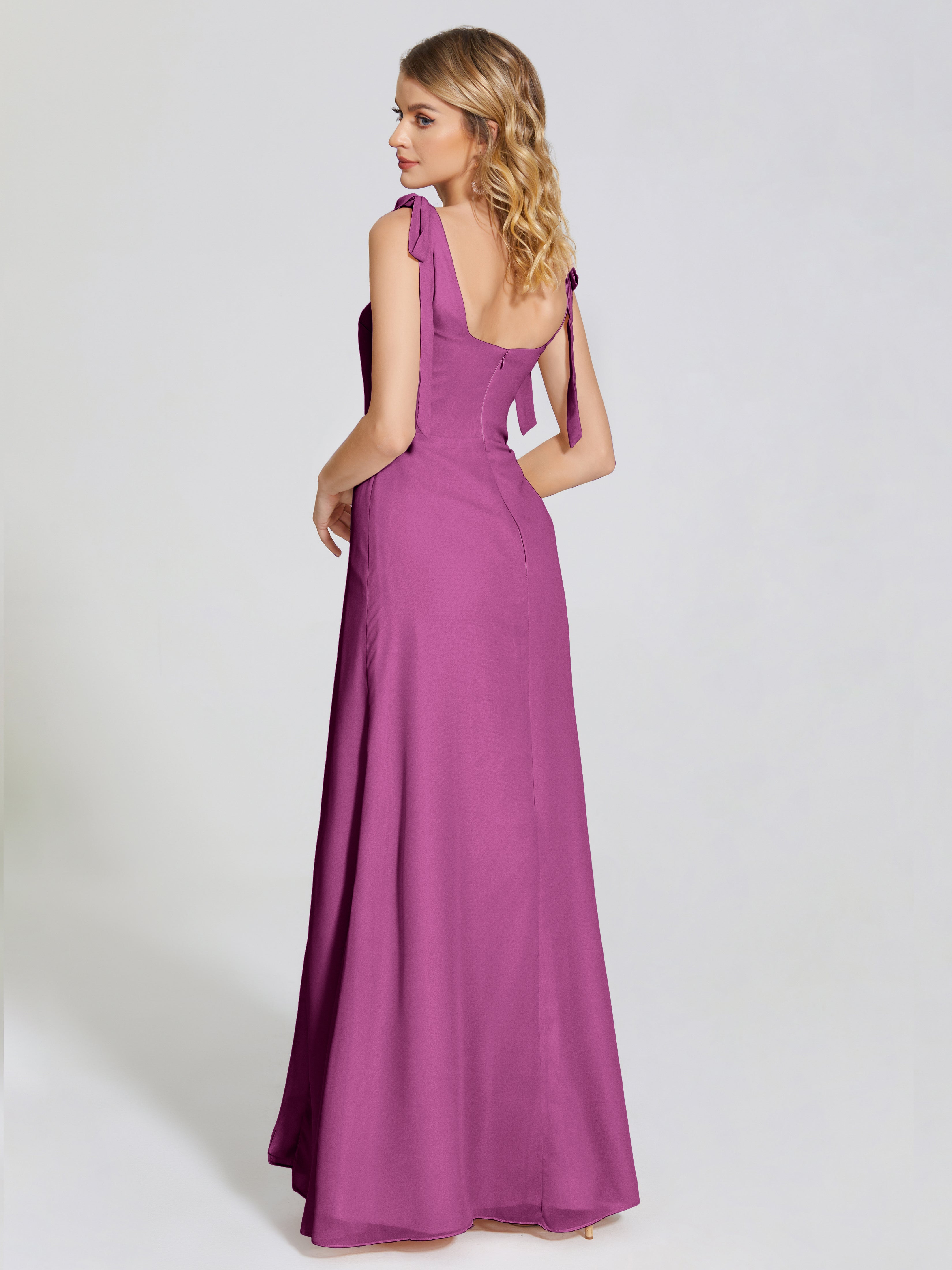 Robes De Demoiselle D'Honneur Orchidée Fendue Devant Encolure Carrée Mousseline Robe De Demoiselle D'Honneur