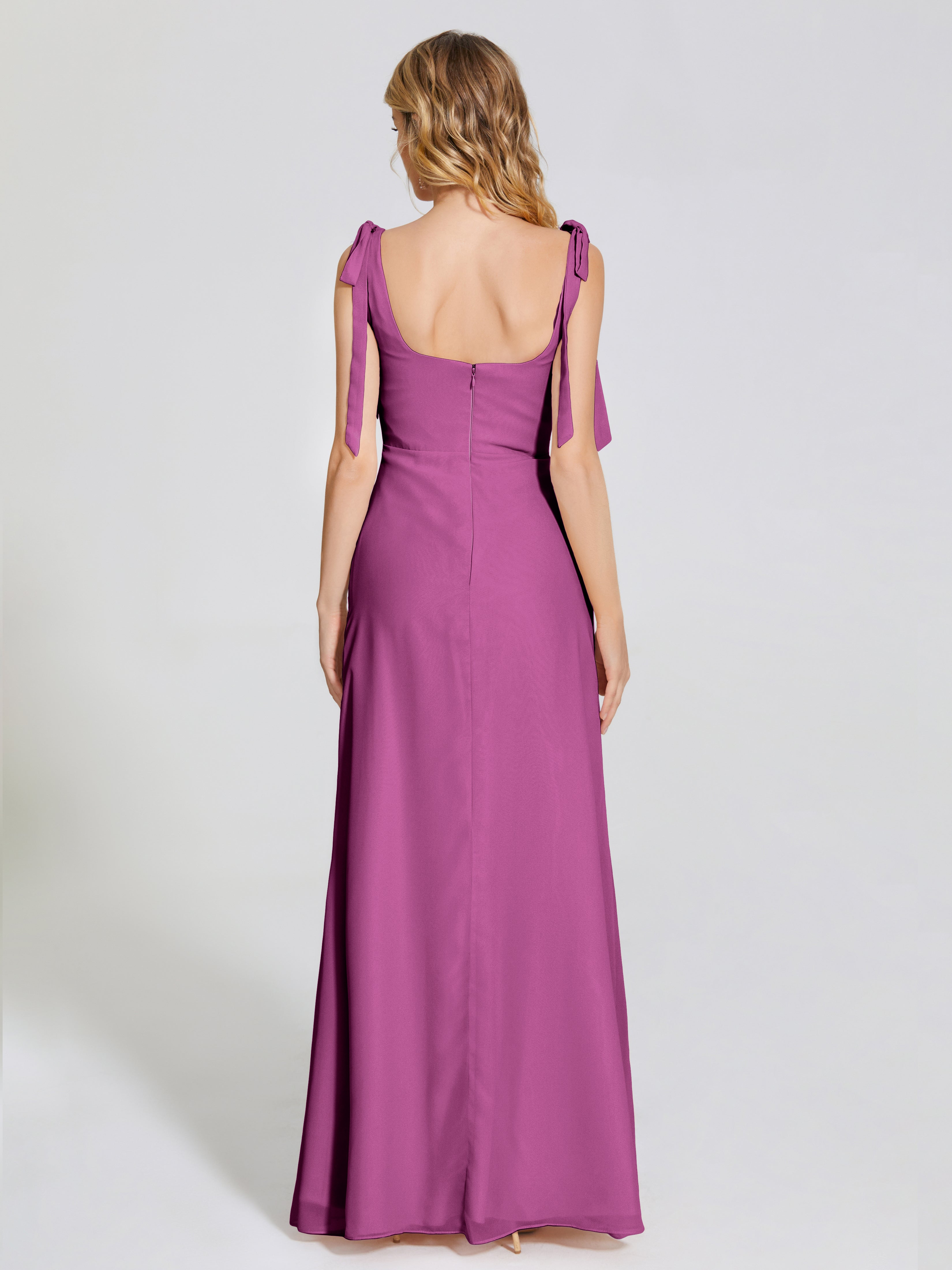 Robes De Demoiselle D'Honneur Orchidée Fendue Devant Encolure Carrée Mousseline Robe De Demoiselle D'Honneur