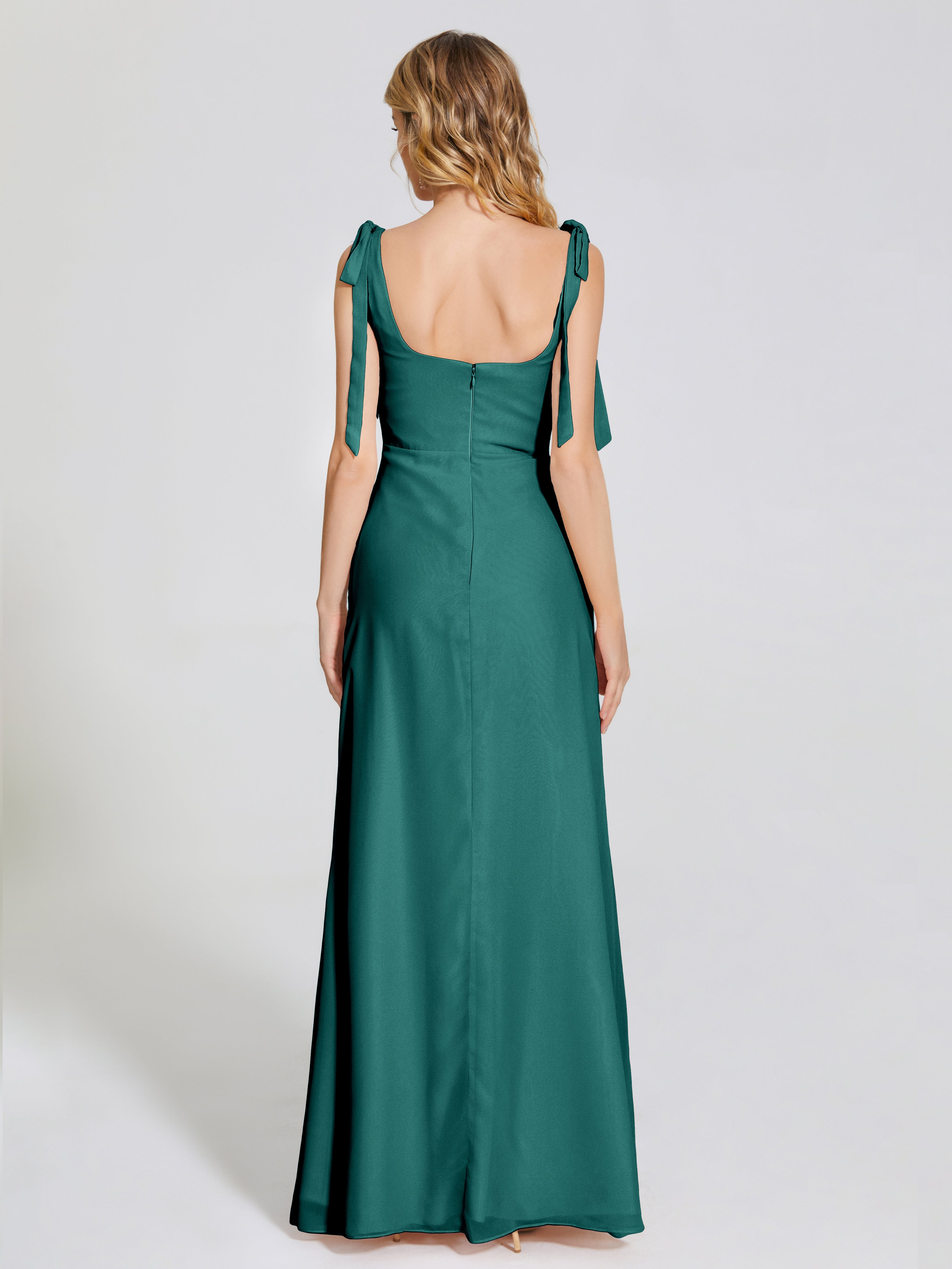 Robe De Demoiselle D'Honneur En Mousseline De Paon Fendue Devant Encolure Carrée Mousseline Robe De Demoiselle D'Honneur