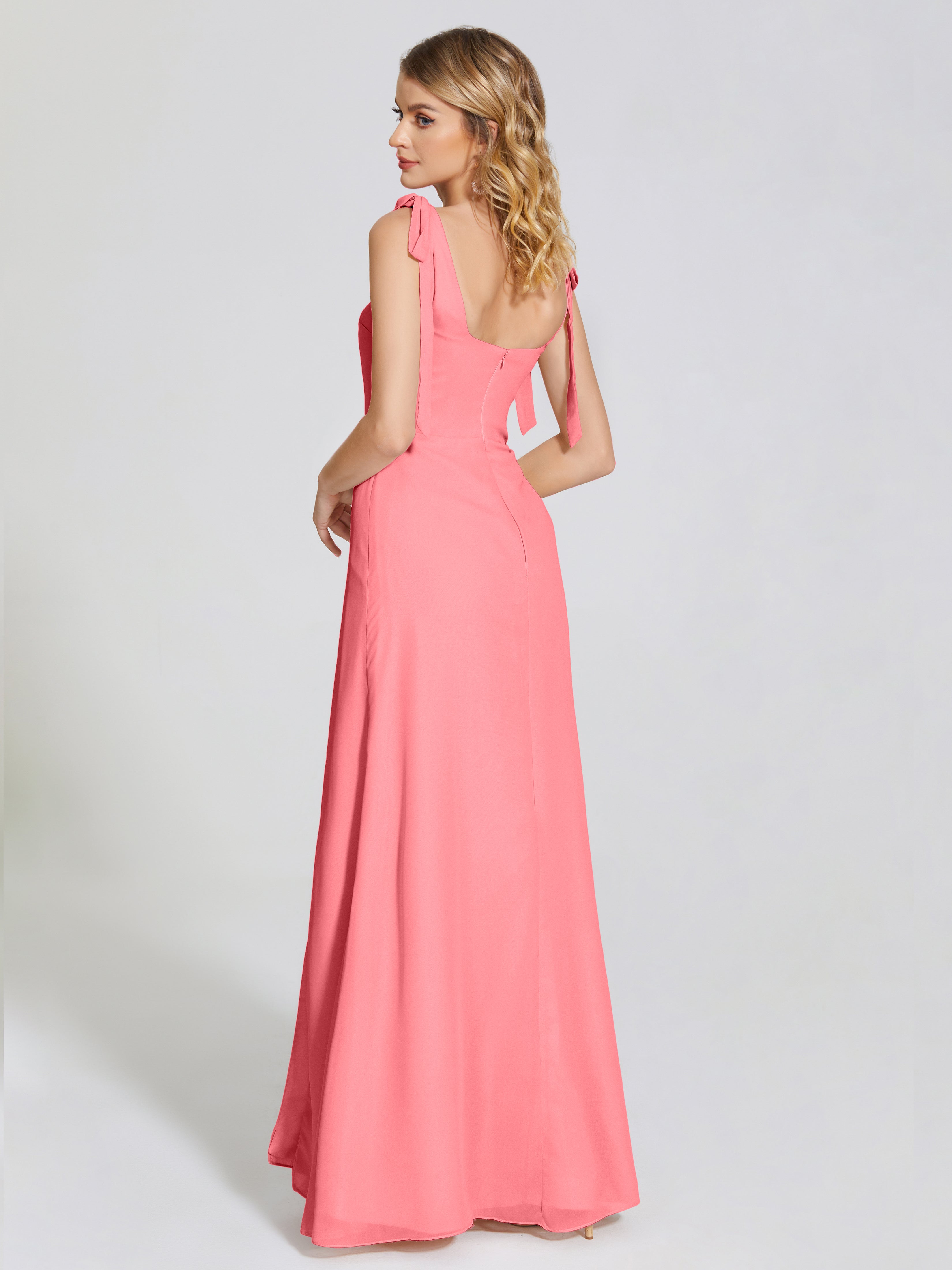 Robes De Demoiselle D'Honneur Pastèque Fendue Devant Encolure Carrée Mousseline Robe De Demoiselle D'Honneur