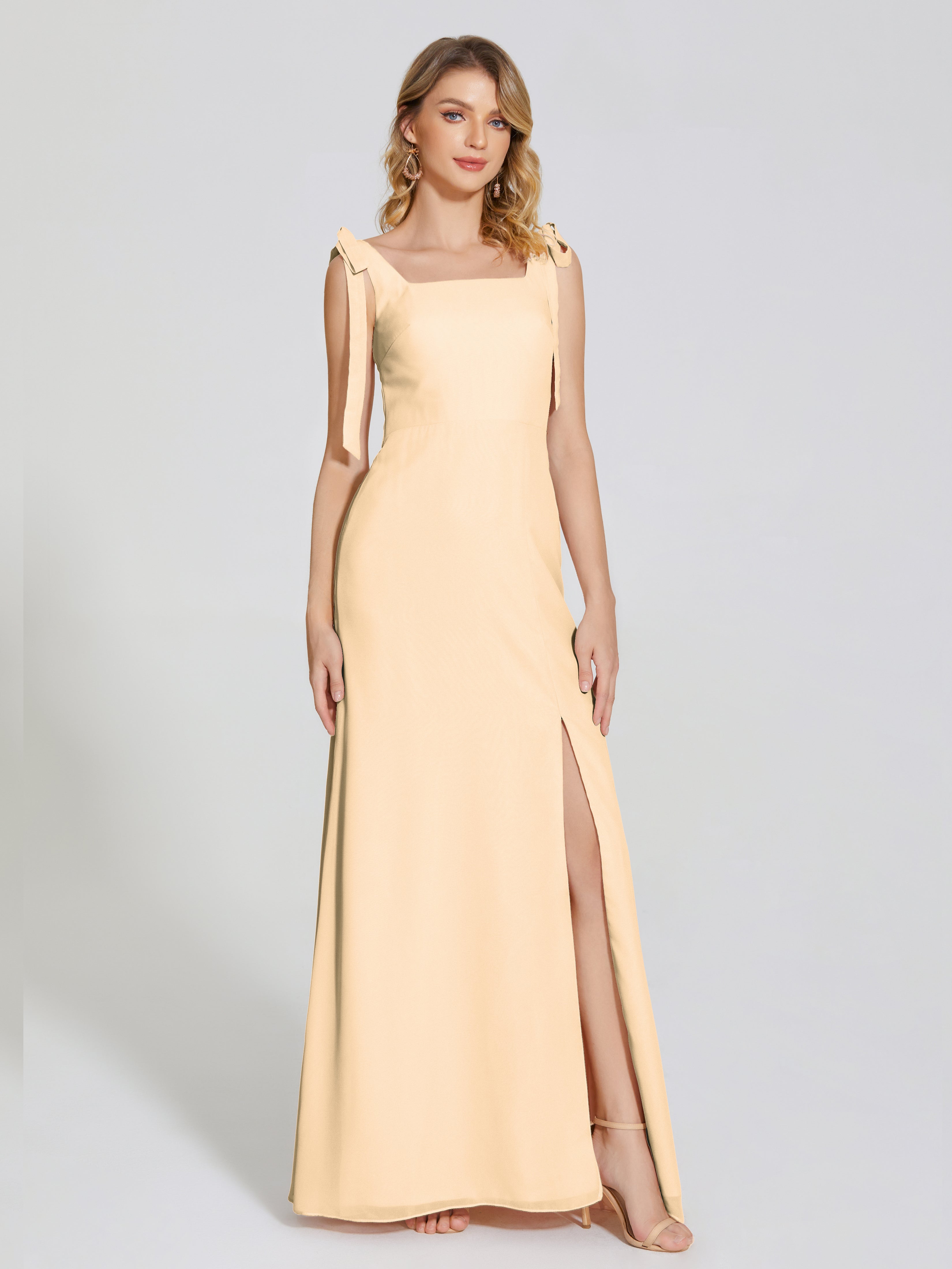 Robe De Demoiselle D Honneur Couleur Peche Fendue Devant Encolure Carrée Mousseline Robe De Demoiselle D'Honneur