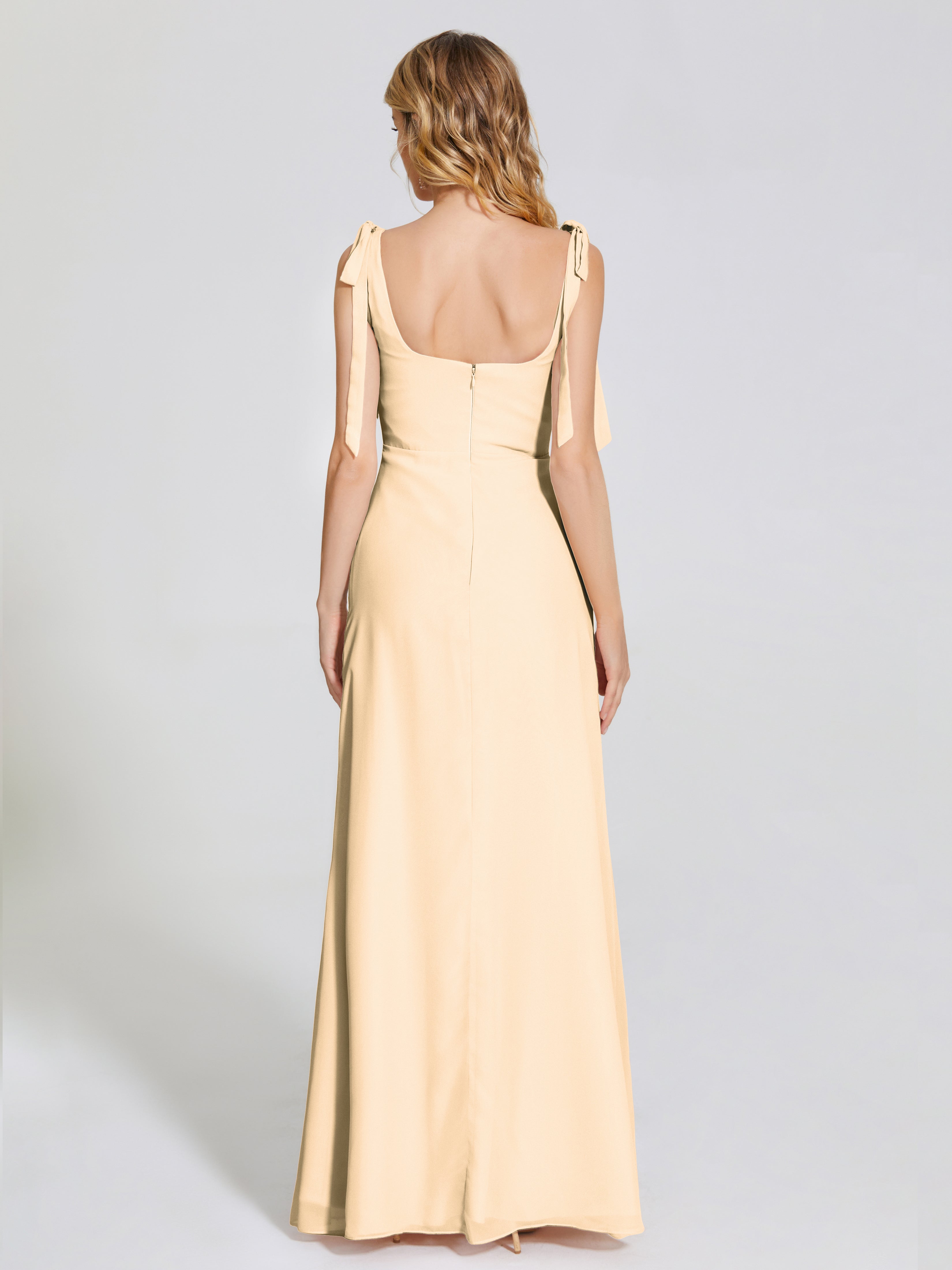 Robe De Demoiselle D Honneur Couleur Peche Fendue Devant Encolure Carrée Mousseline Robe De Demoiselle D'Honneur