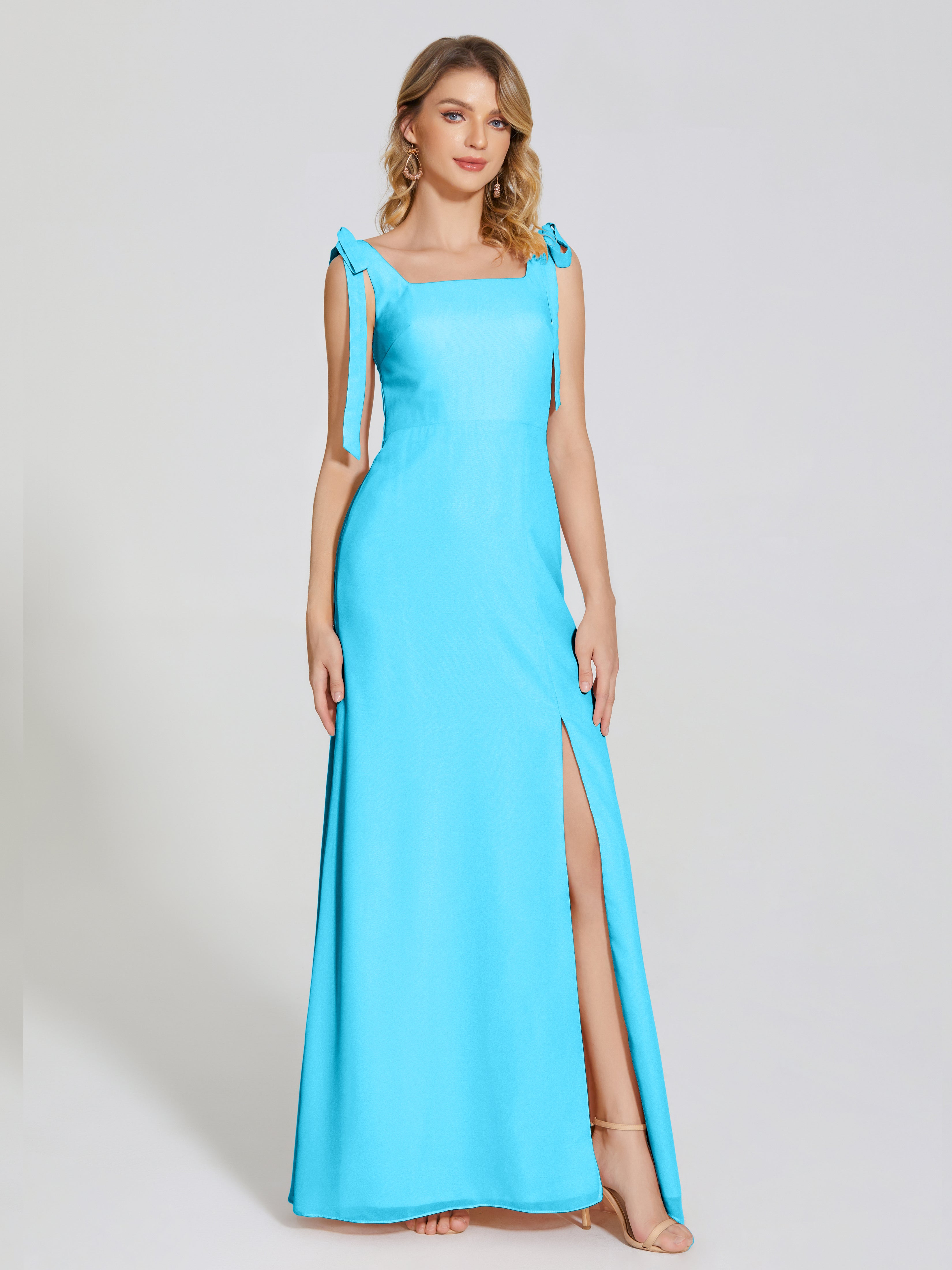 Robe De Demoiselle D'Honneur En Piscine Fendue Devant Encolure Carrée Mousseline Robe De Demoiselle D'Honneur