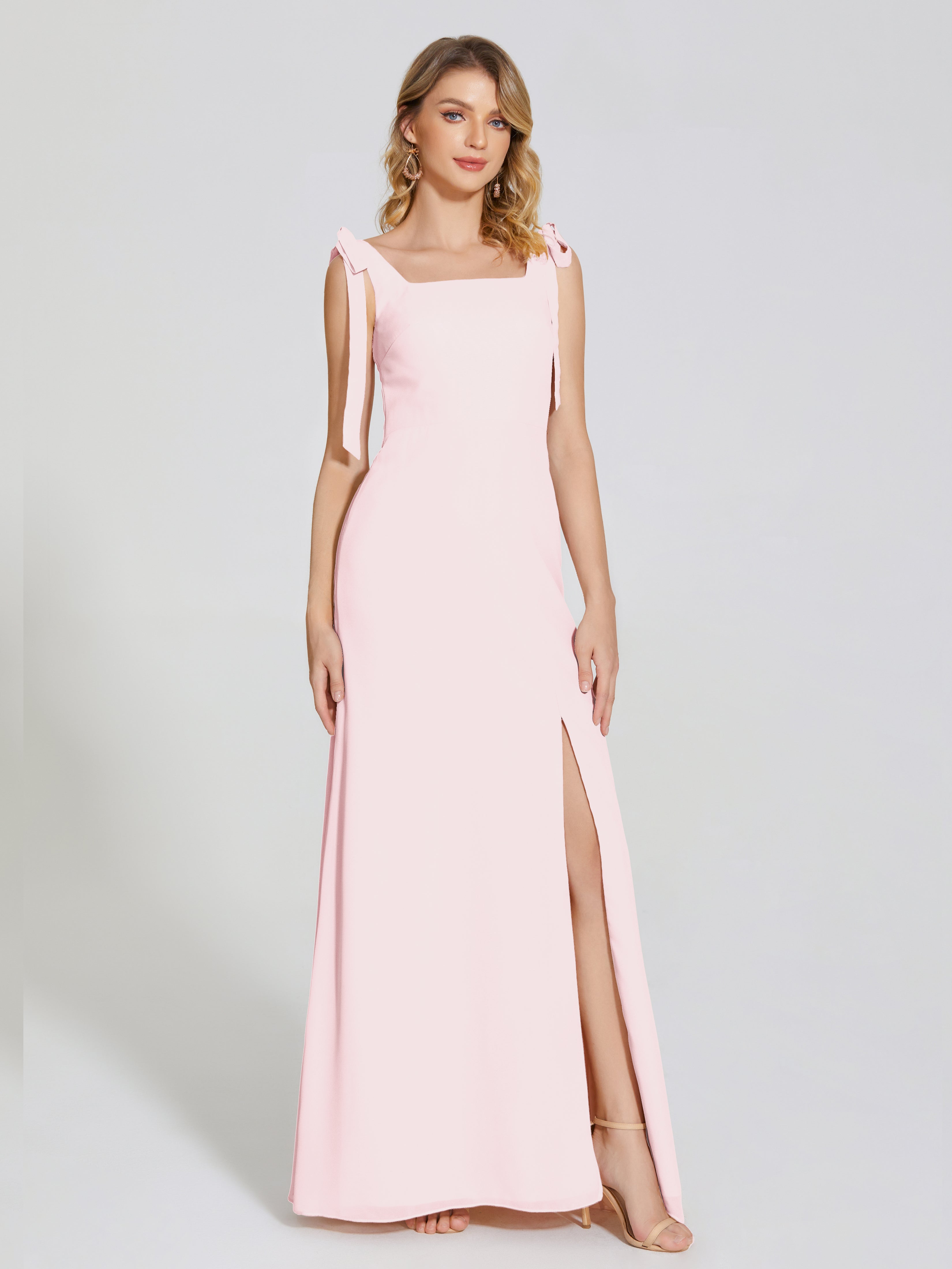 Robe De Demoiselle D Honneur Rose Pale Fendue Devant Encolure Carrée Mousseline Robe De Demoiselle D'Honneur