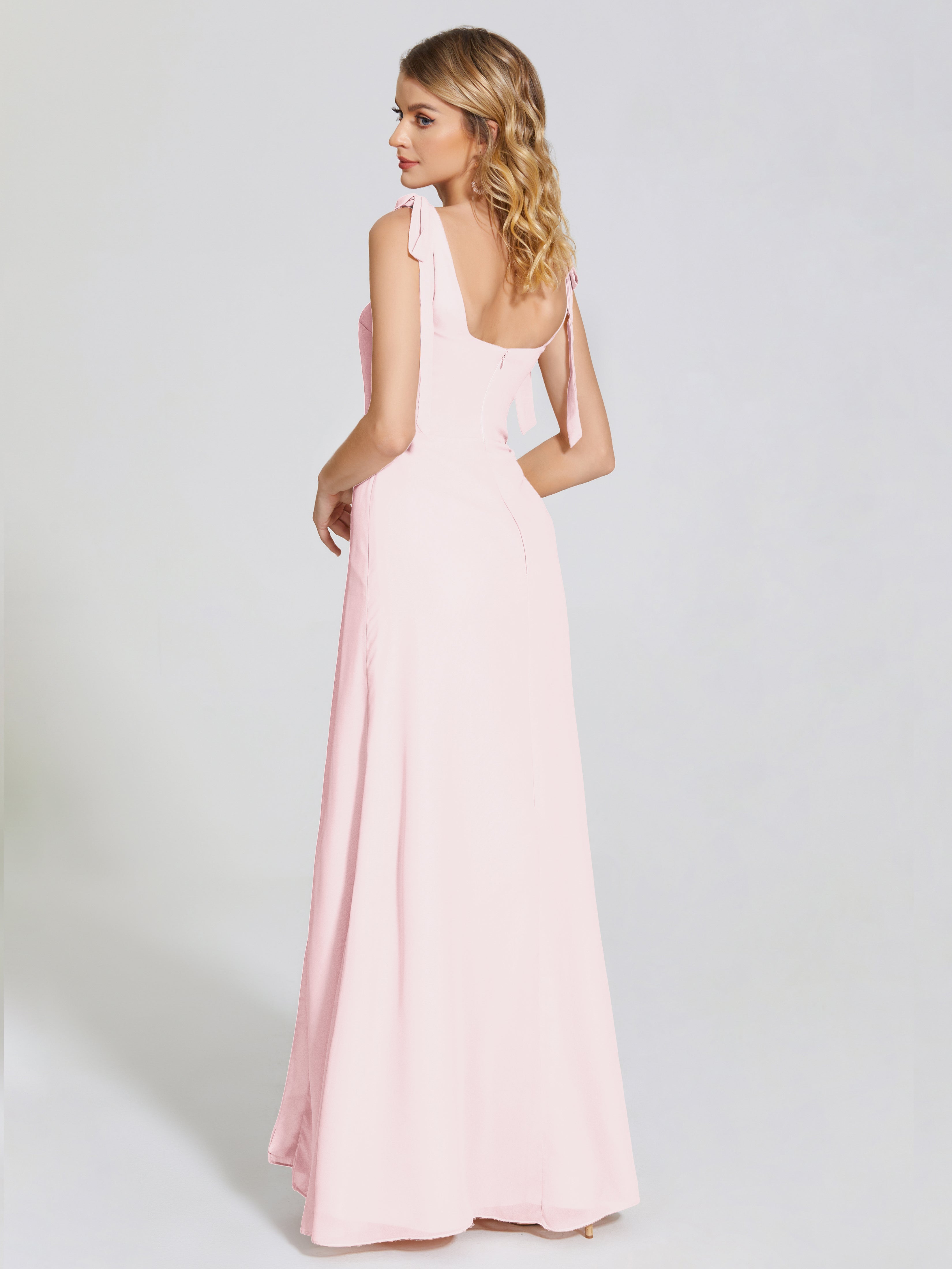 Robe De Demoiselle D Honneur Rose Pale Fendue Devant Encolure Carrée Mousseline Robe De Demoiselle D'Honneur