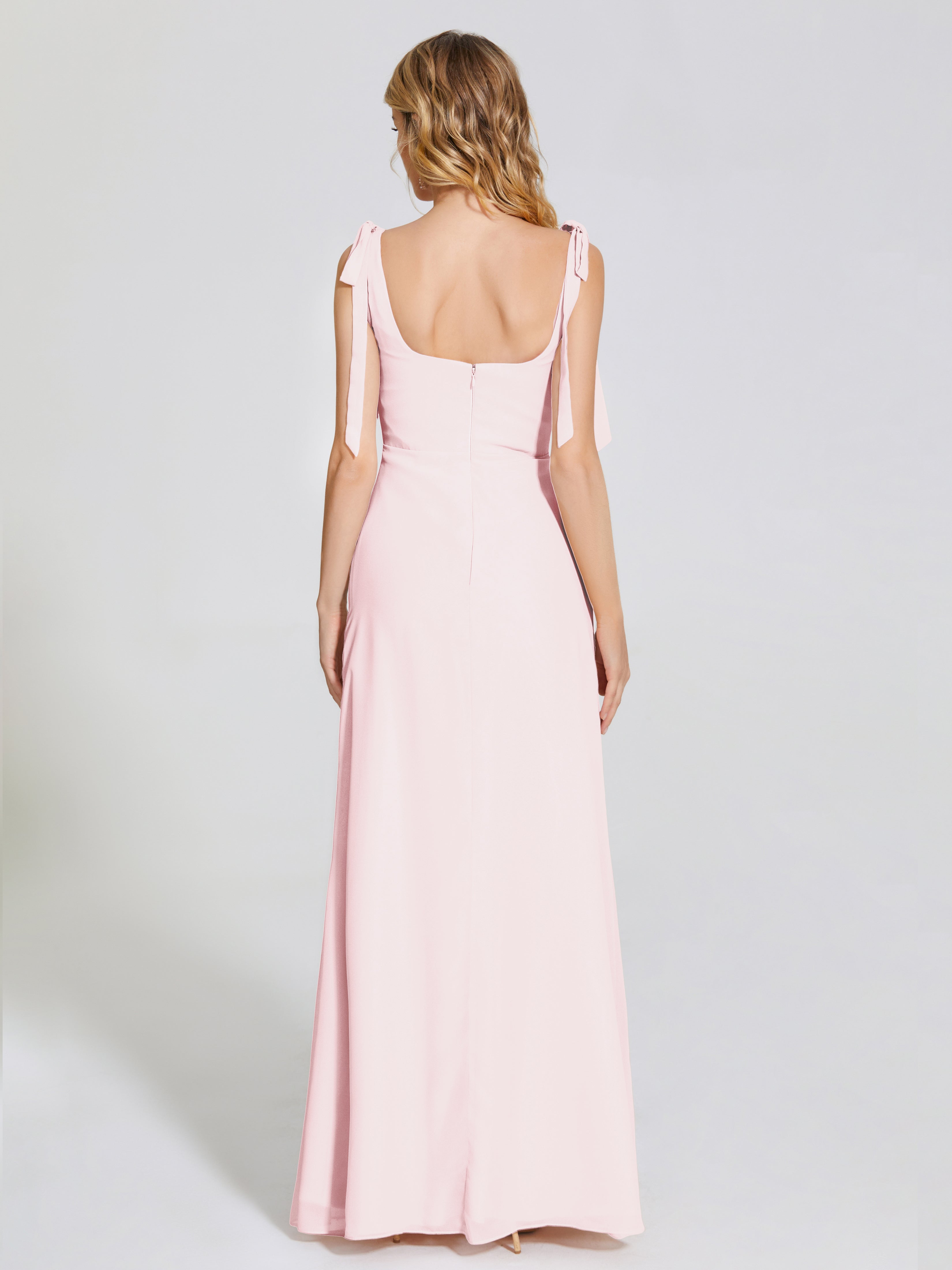 Robe De Demoiselle D Honneur Rose Pale Fendue Devant Encolure Carrée Mousseline Robe De Demoiselle D'Honneur