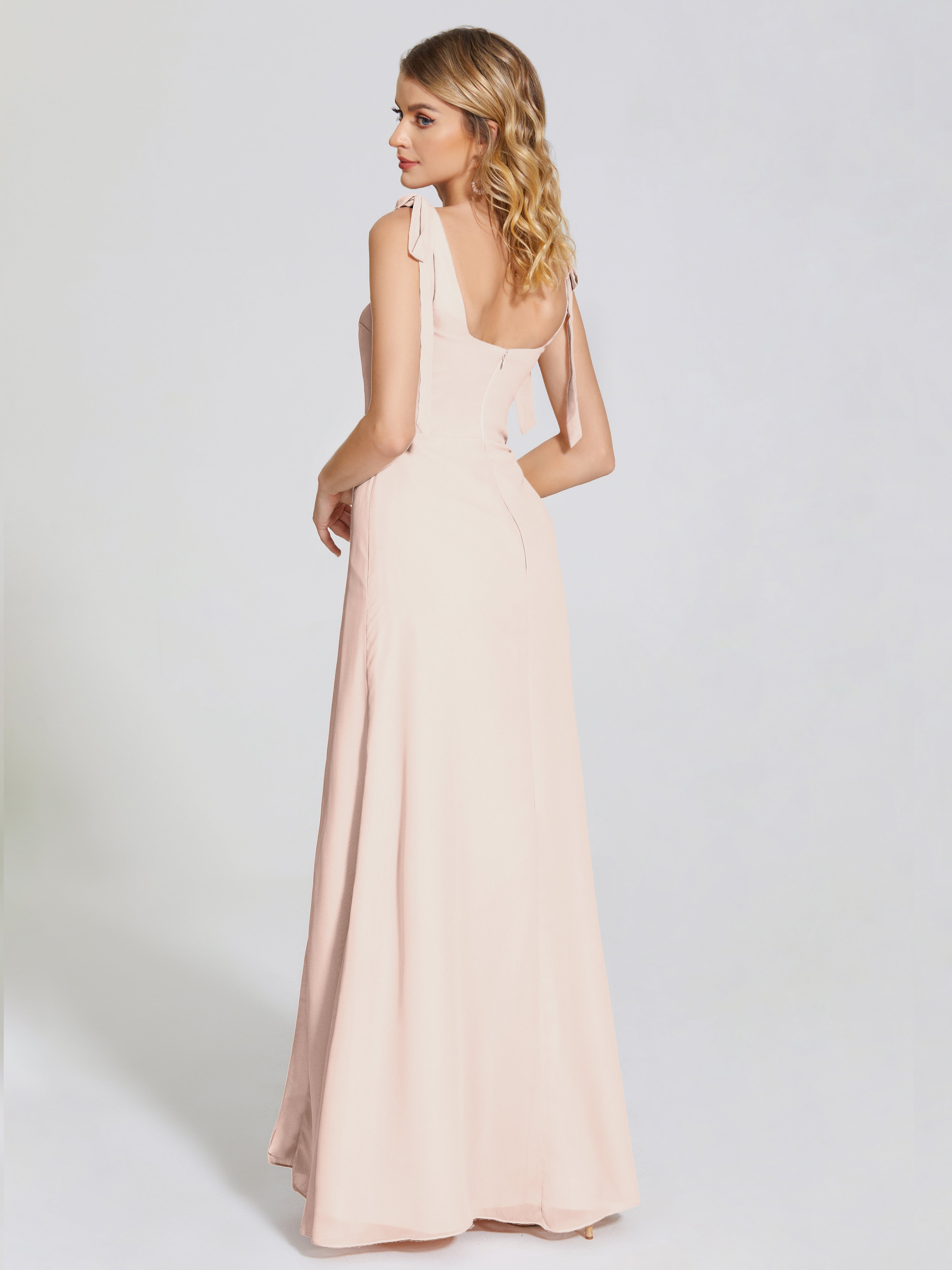 Robe Demoiselle D Honneur Rose Perle Fendue Devant Encolure Carrée Mousseline Robe De Demoiselle D'Honneur