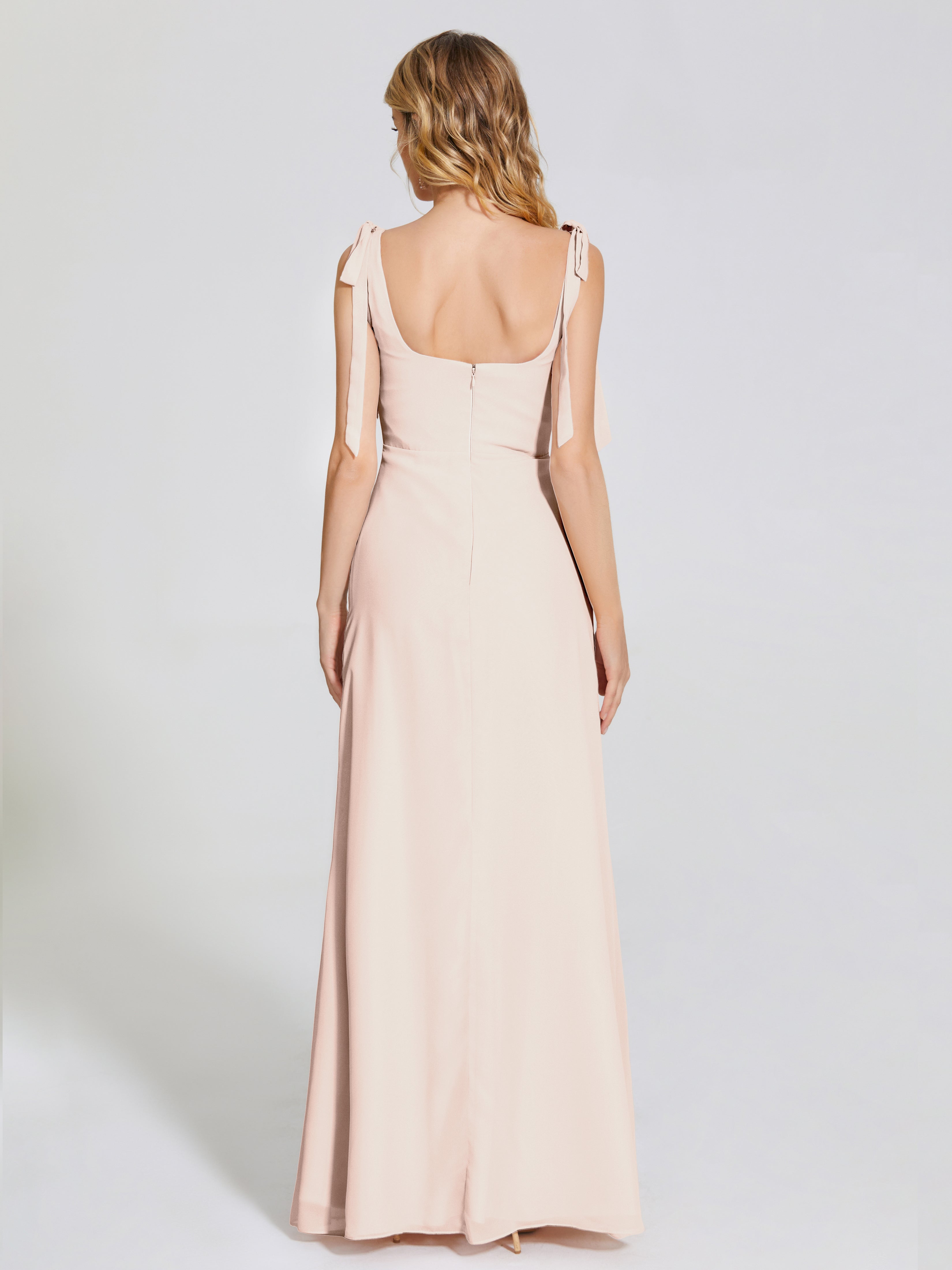 Robe Demoiselle D Honneur Rose Perle Fendue Devant Encolure Carrée Mousseline Robe De Demoiselle D'Honneur