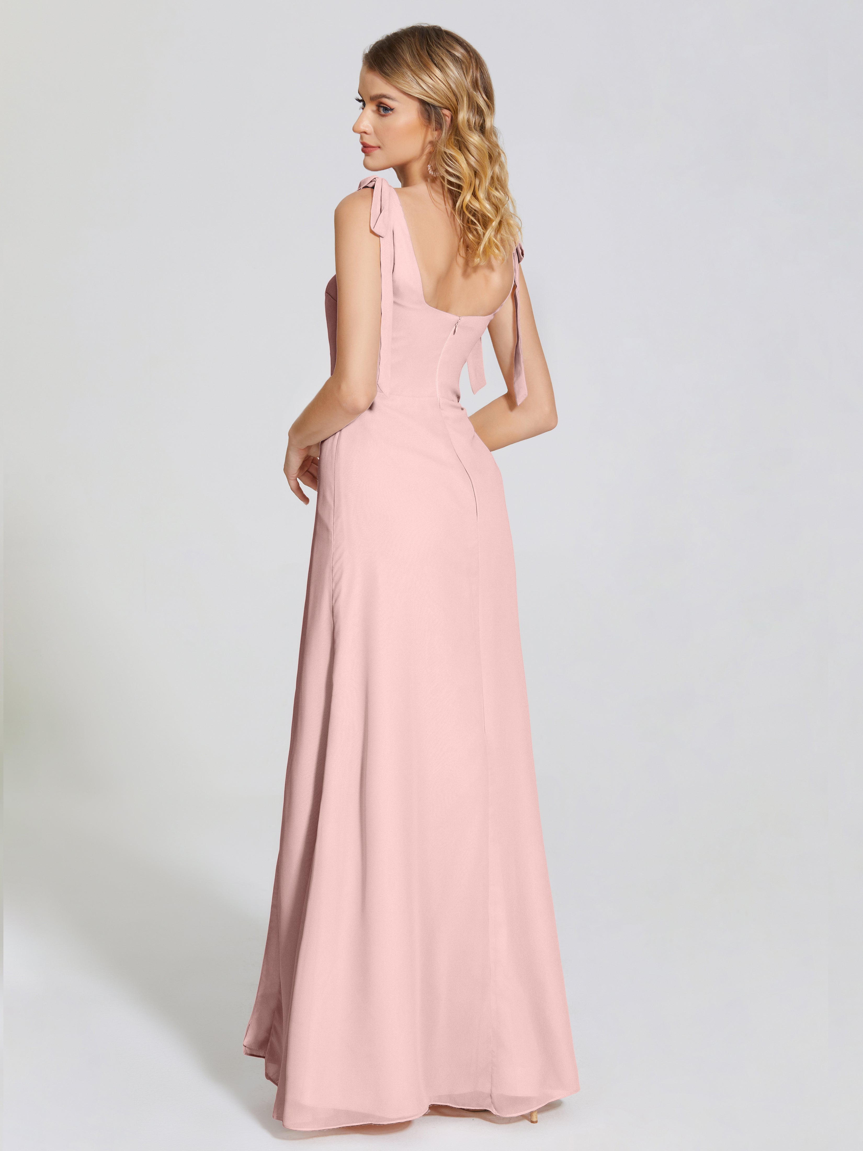 Robe Demoiselle D Honneur Rose Poudre Fendue Devant Encolure Carrée Mousseline Robe De Demoiselle D'Honneur