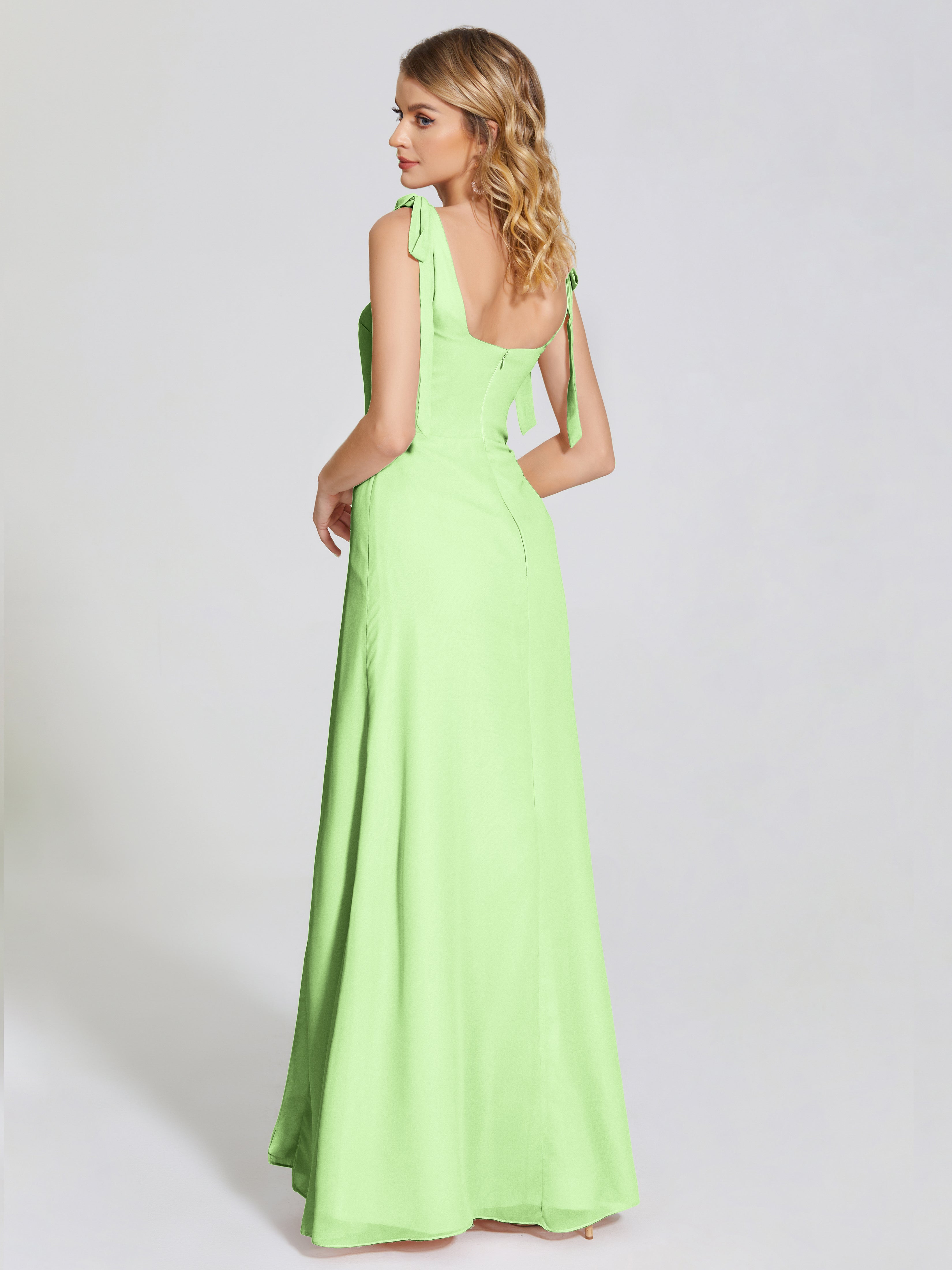 Robe Demoiselle D Honneur Verte Sauge Fendue Devant Encolure Carrée Mousseline Robe De Demoiselle D'Honneur