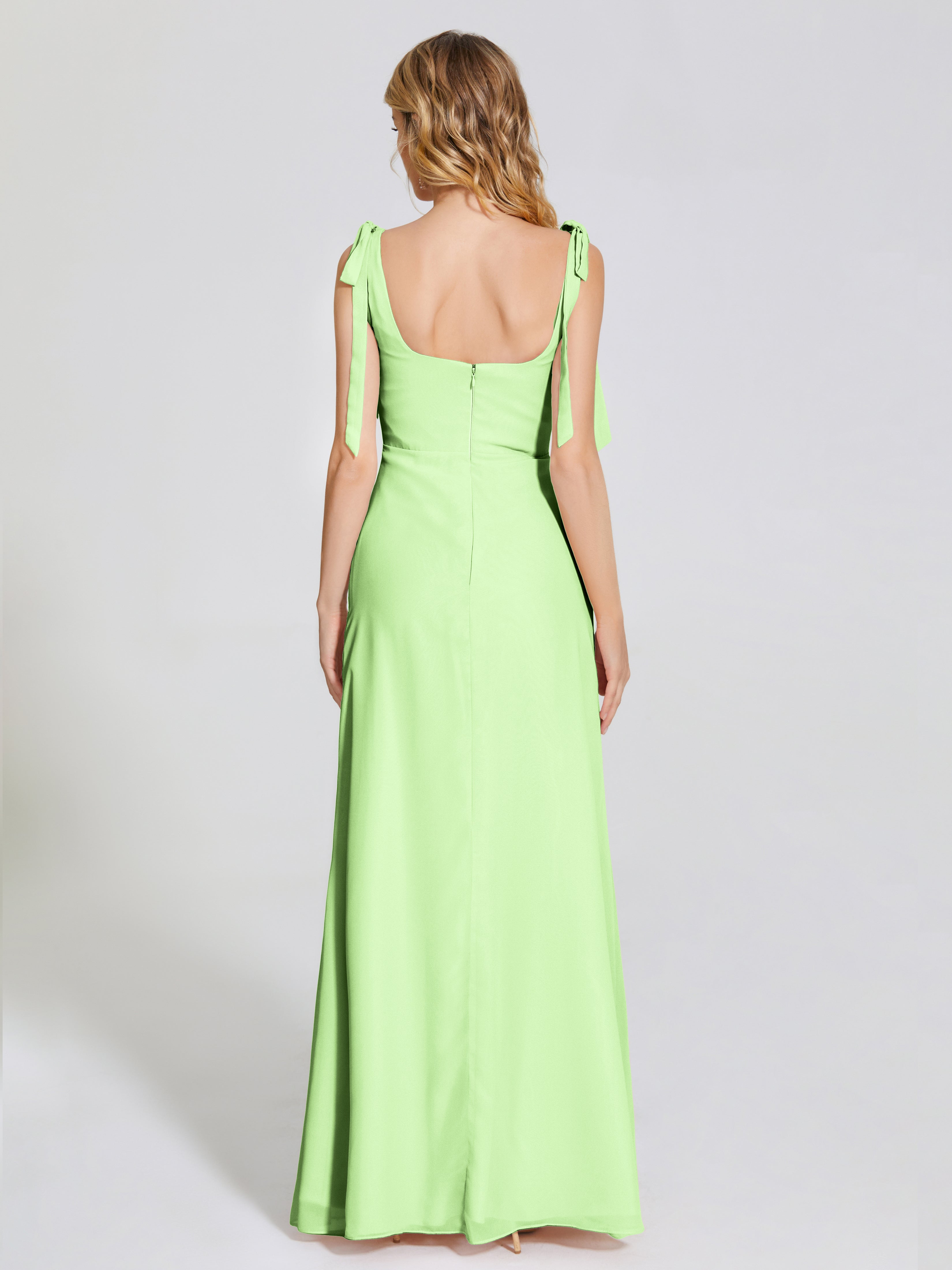 Robe Demoiselle D Honneur Verte Sauge Fendue Devant Encolure Carrée Mousseline Robe De Demoiselle D'Honneur