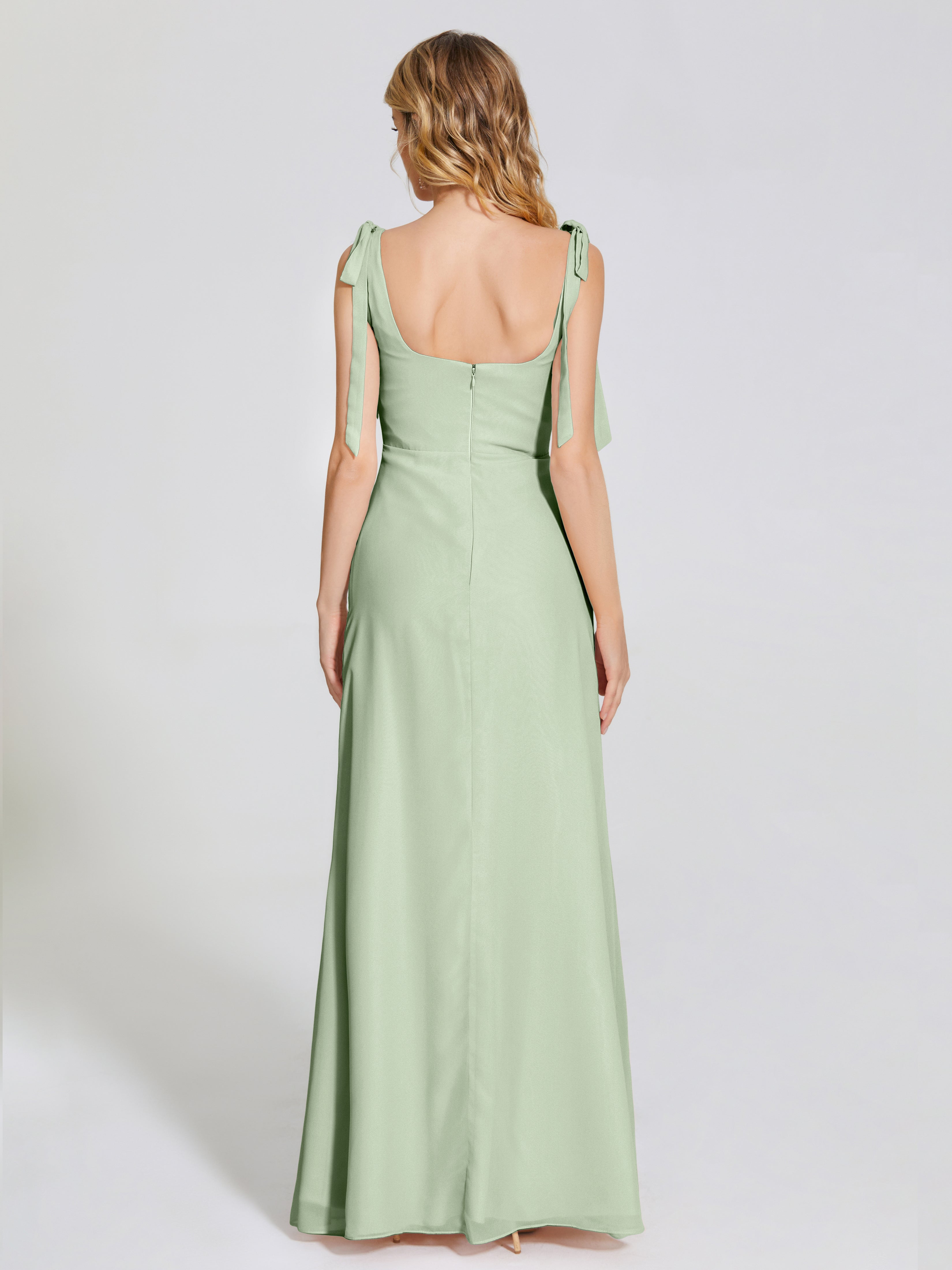 Demoiselles D'Honneur De Sauge Poussiéreuse Fendue Devant Encolure Carrée Mousseline Robe De Demoiselle D'Honneur