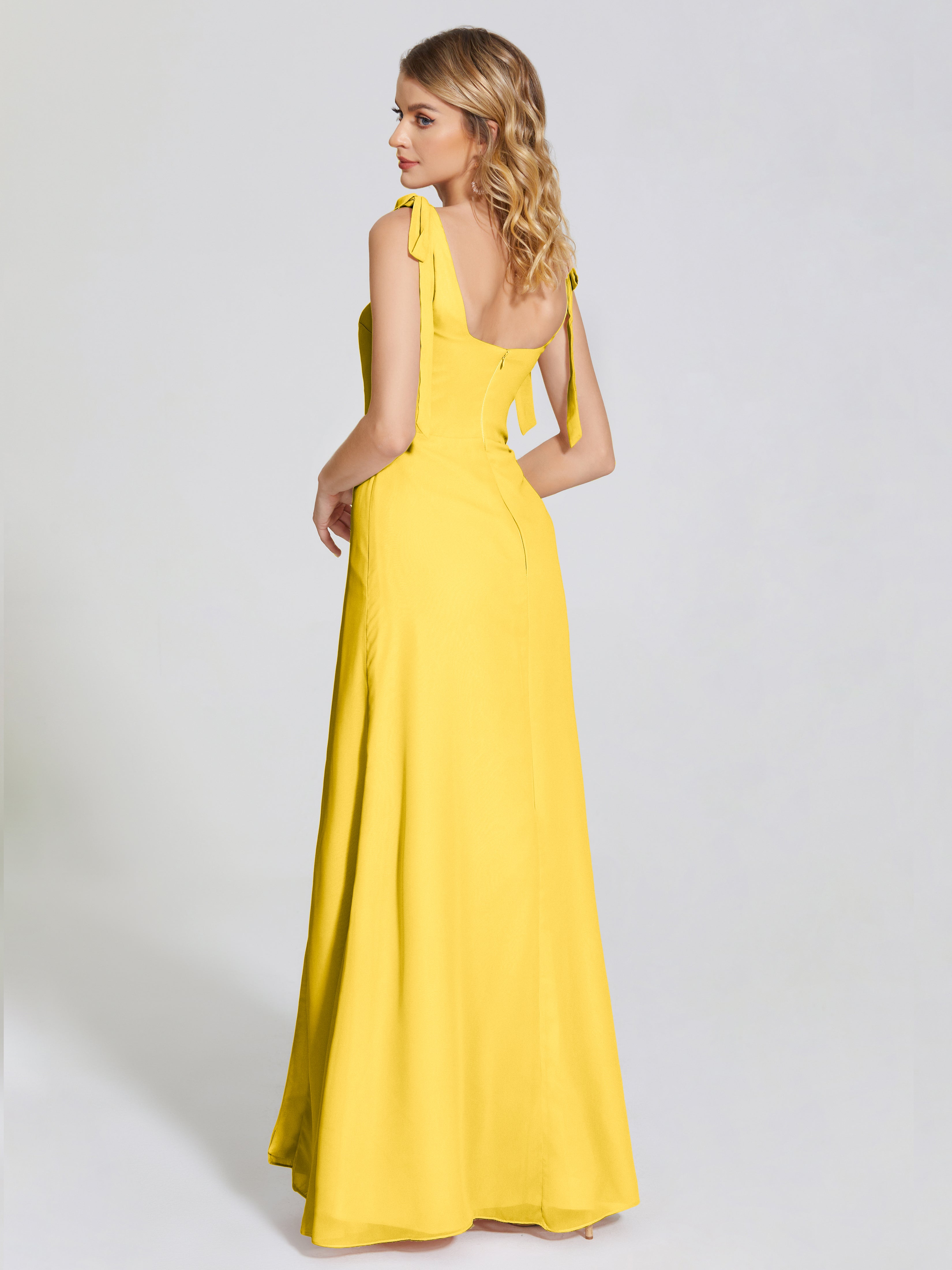 Robe De Demoiselle D'Honneur Souci Fendue Devant Encolure Carrée Mousseline Robe De Demoiselle D'Honneur