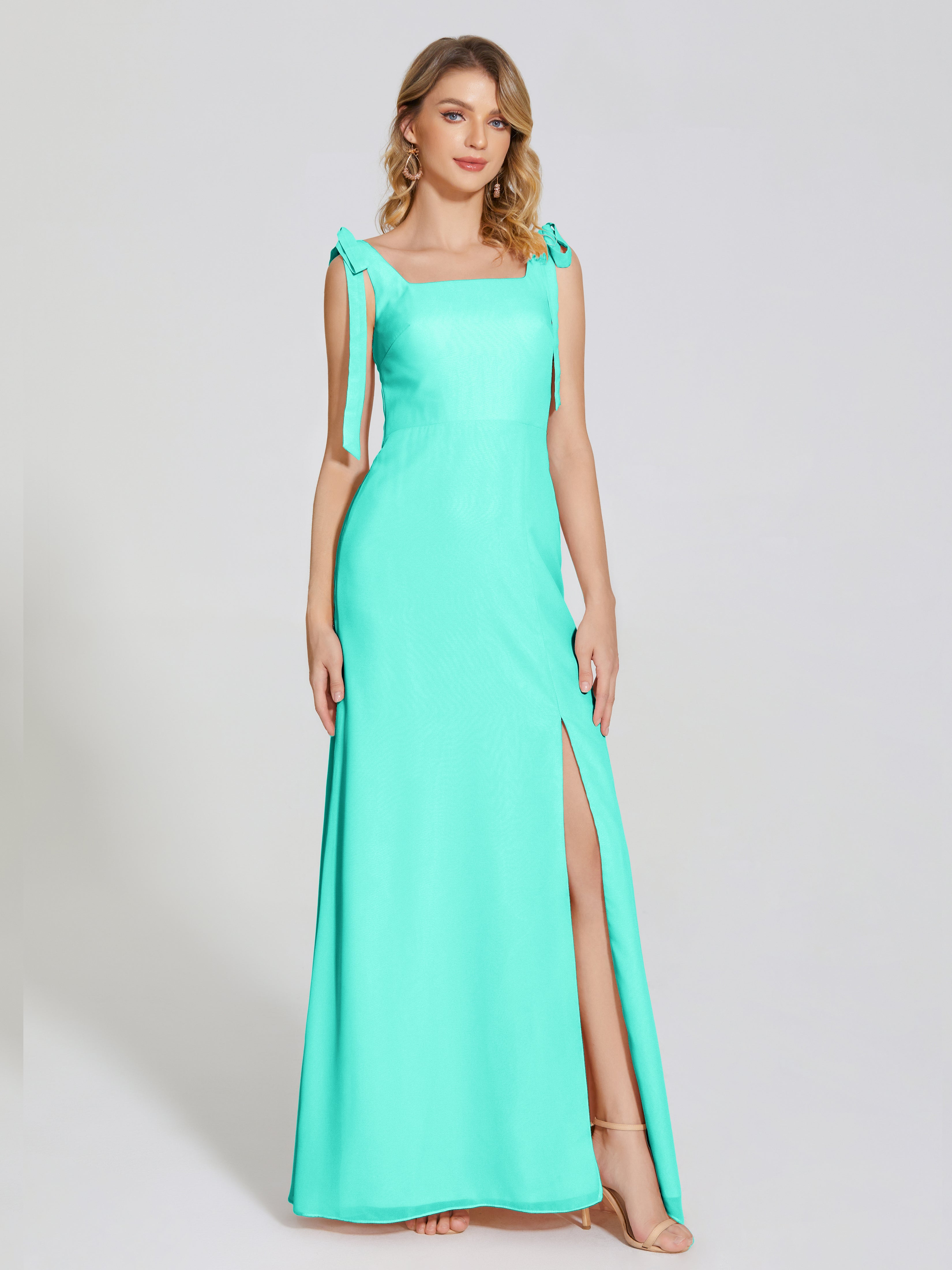 Robes De Demoiselle D'Honneur Spa Fendue Devant Encolure Carrée Mousseline Robe De Demoiselle D'Honneur