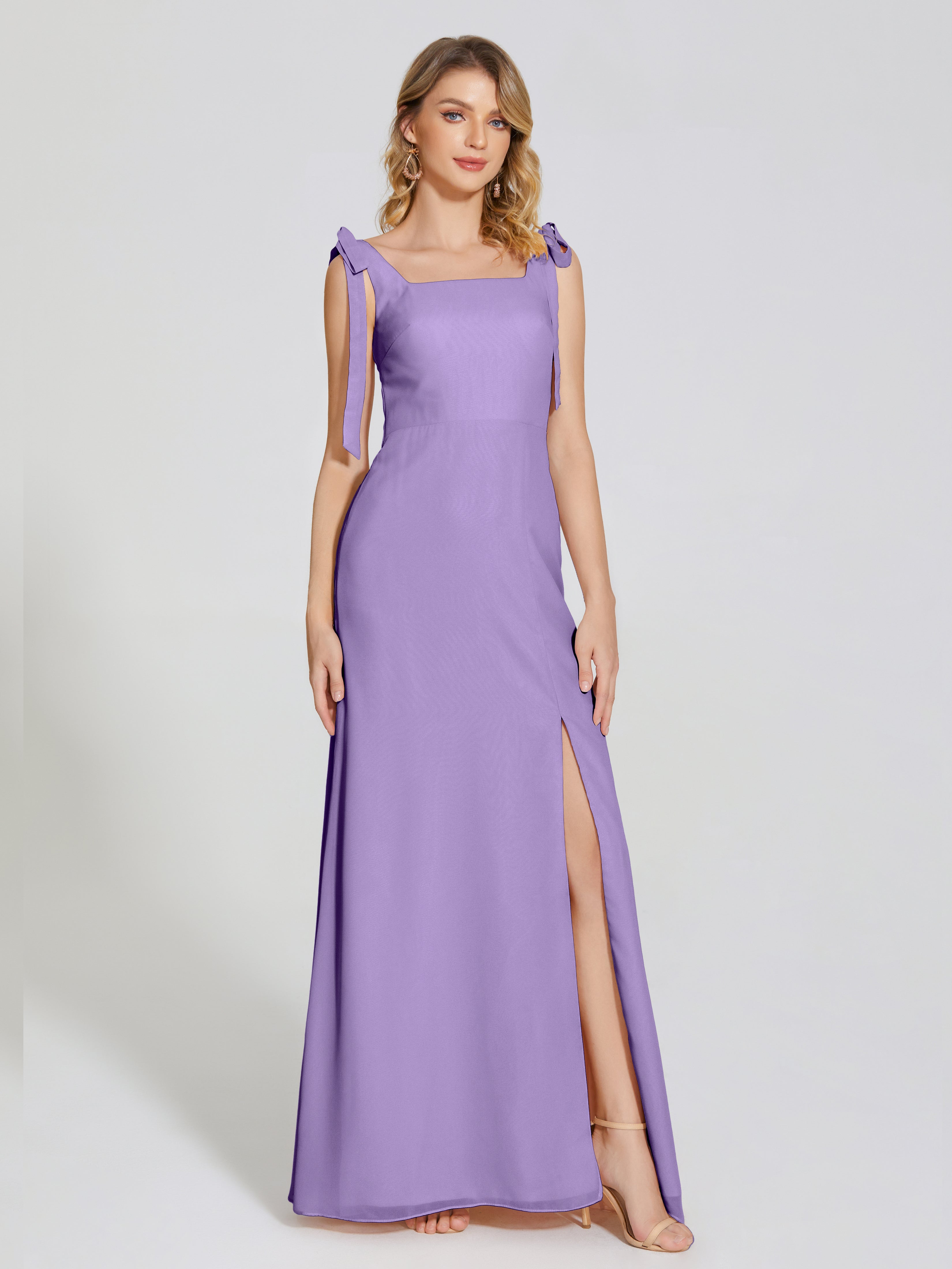 Robes De Demoiselle D'Honneur Tahiti Fendue Devant Encolure Carrée Mousseline Robe De Demoiselle D'Honneur