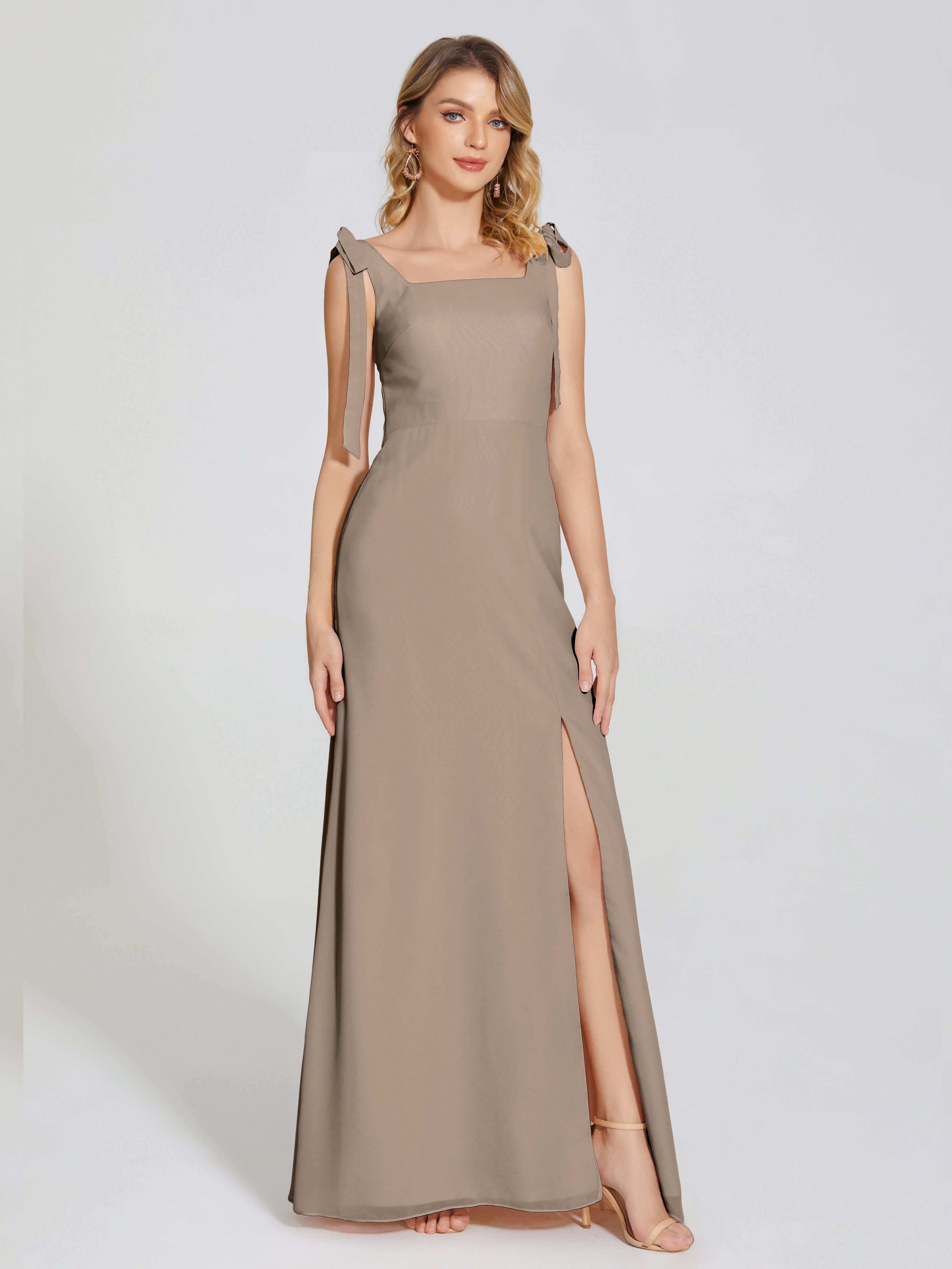 Robe Taupe Demoiselle D Honneur Fendue Devant Encolure Carrée Mousseline Robe De Demoiselle D'Honneur