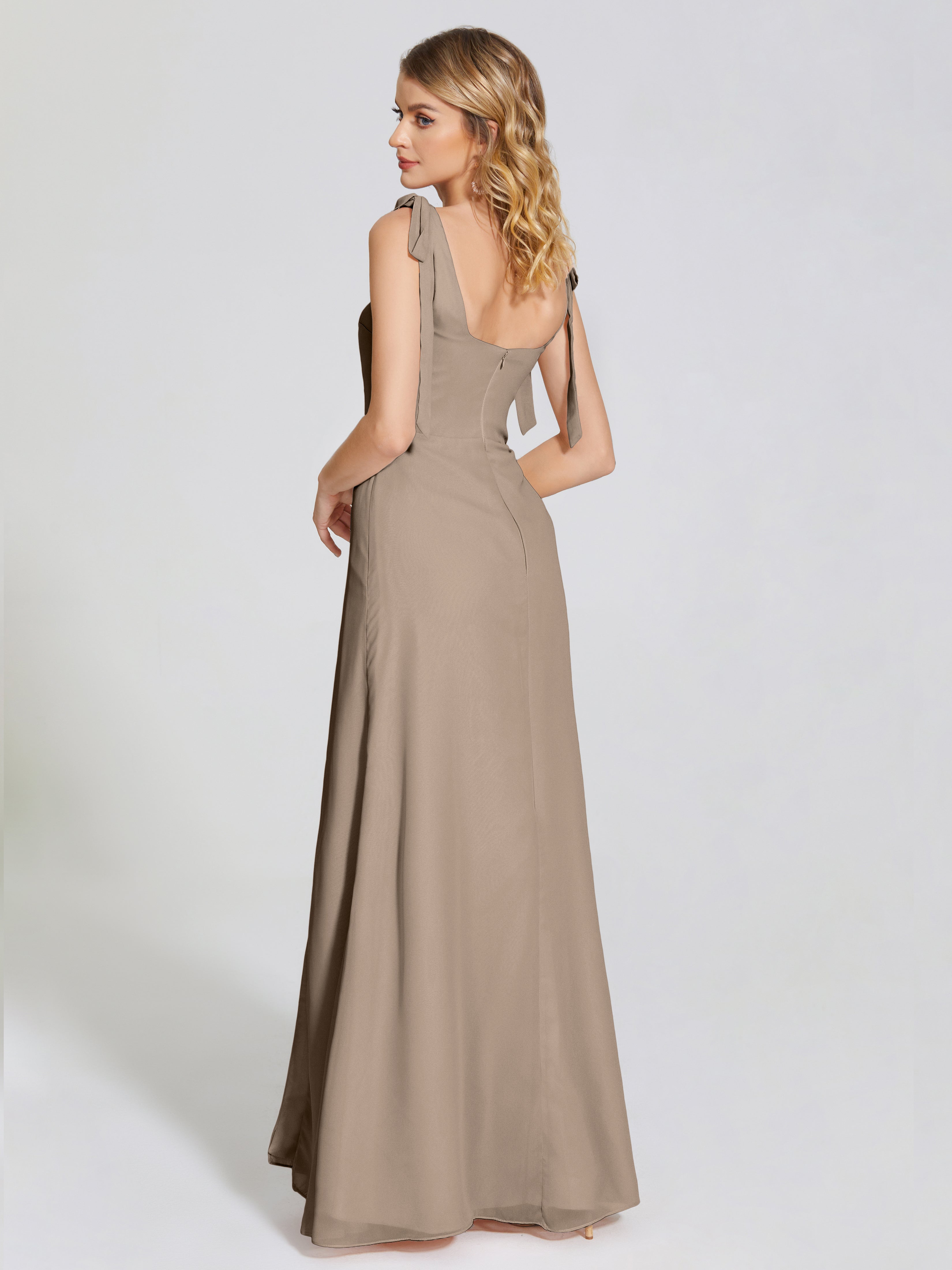 Robe Taupe Demoiselle D Honneur Fendue Devant Encolure Carrée Mousseline Robe De Demoiselle D'Honneur