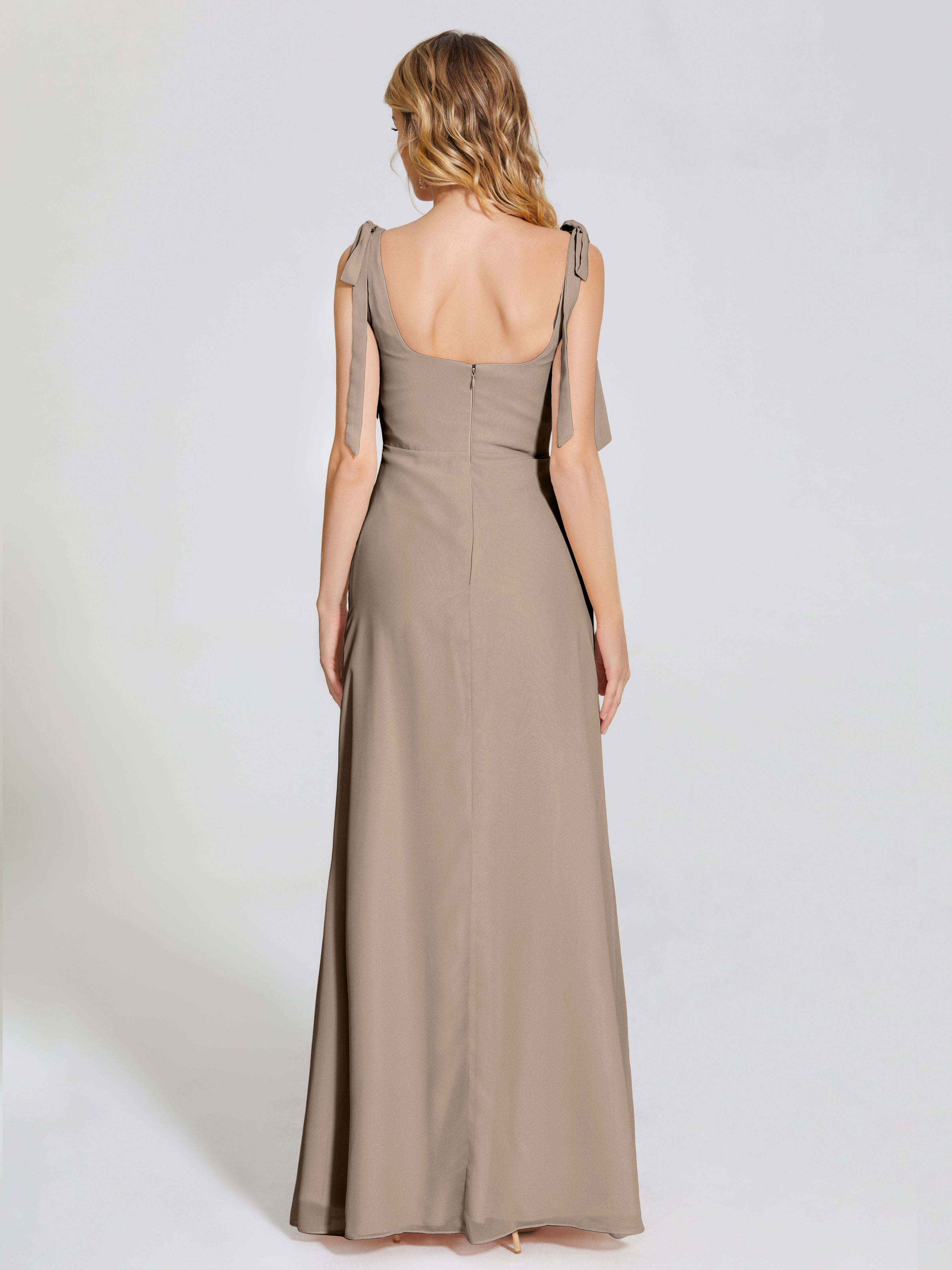 Robe Taupe Demoiselle D Honneur Fendue Devant Encolure Carrée Mousseline Robe De Demoiselle D'Honneur