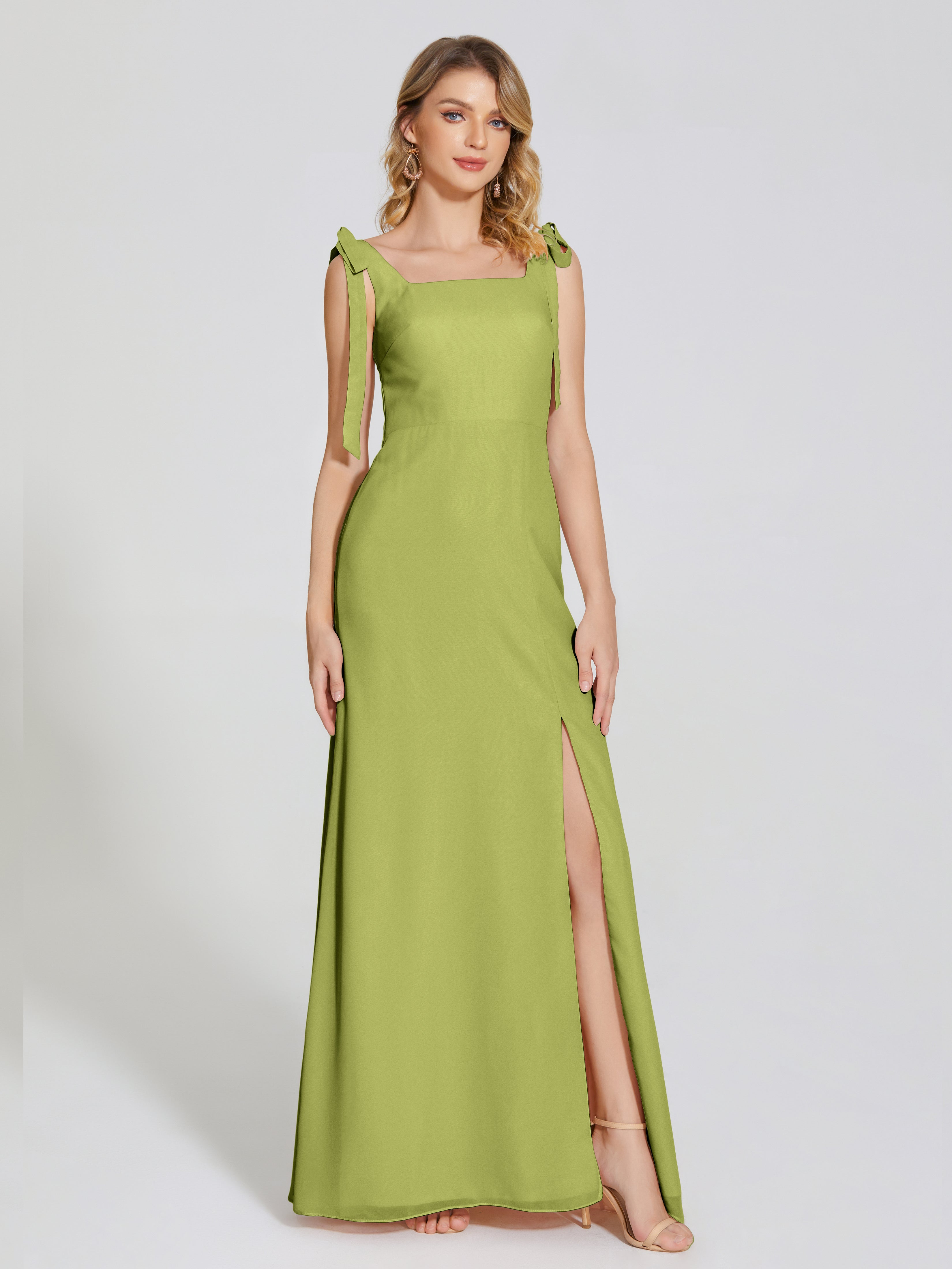 Robes De Demoiselle D'Honneur Trèfle Fendue Devant Encolure Carrée Mousseline Robe De Demoiselle D'Honneur